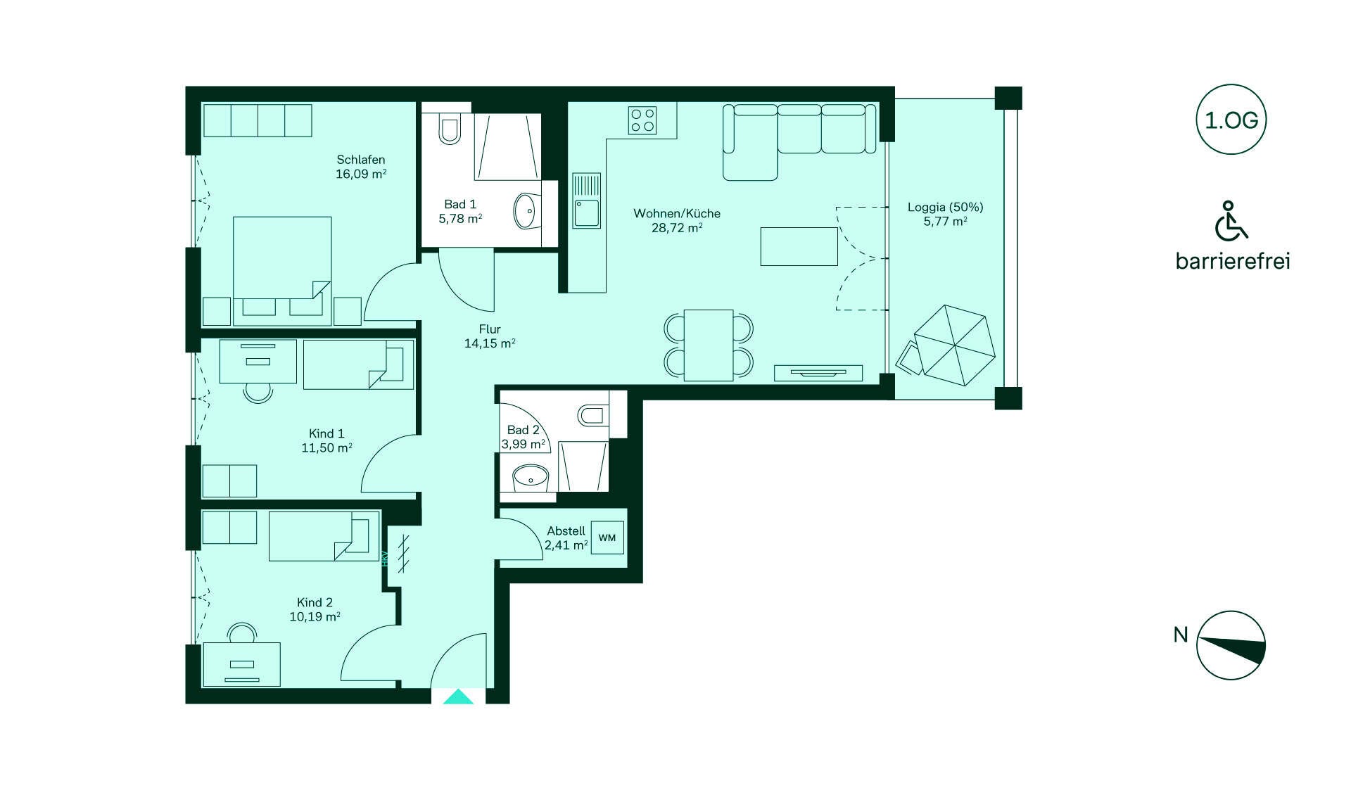 Grundriss der barrierefreien Eigentumswohnung 061 Amberblick Barrierefreie Wohnung mit Flur, offener Wohnküche, 3 Schlafzimmern, 2 Bädern und Loggia.