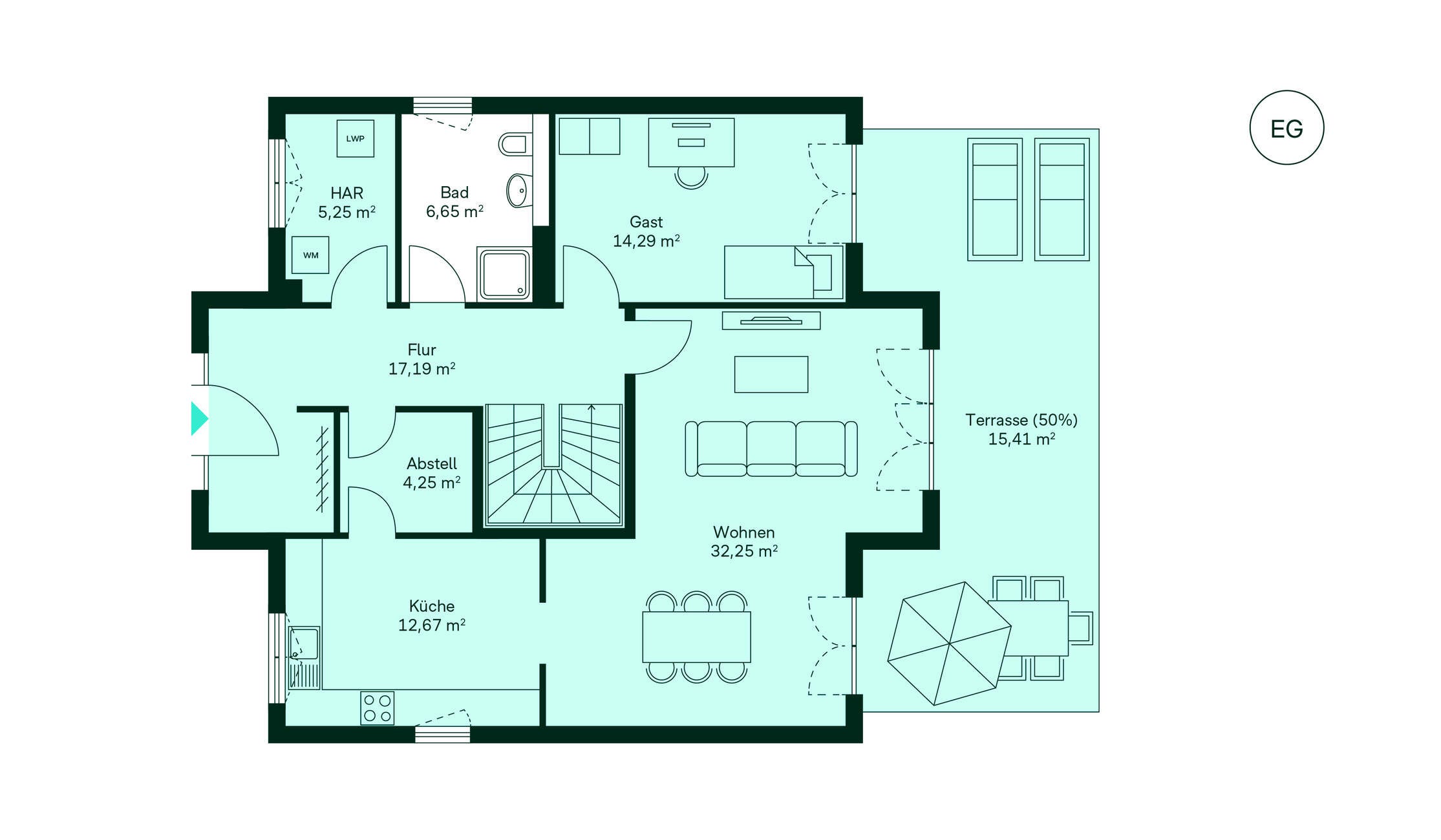 Grundriss des Erdgeschosses Entdecken Sie Ihr neues Zuhause: Flur, Küche, Wohnbereich, Gästezimmer, Bad und Terrasse erwarten Sie!