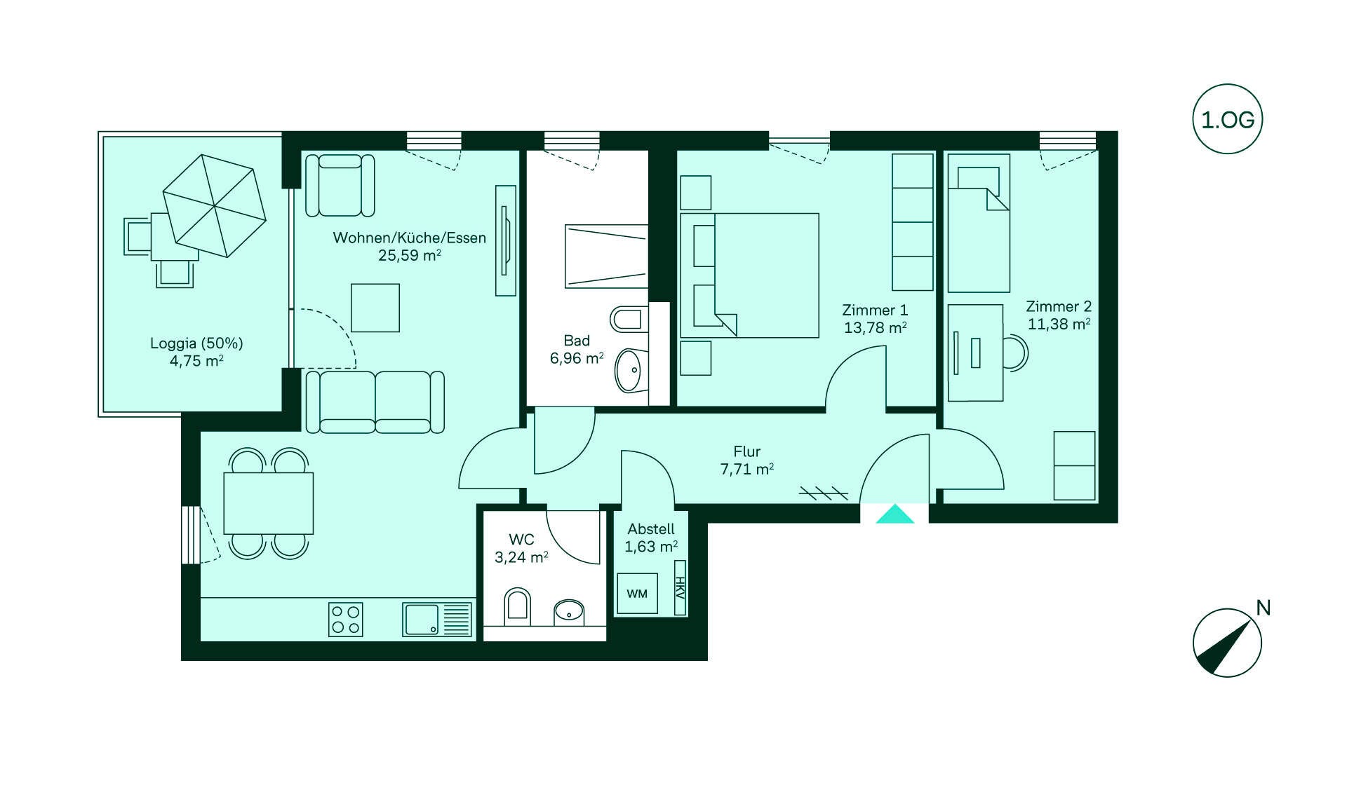 Grundriss Eigentumswohnung 059 im ersten Obergeschoss im Waldpanorama Entdecken Sie den Grundriss: Flur führt zur offenen Wohnküche, zwei Schlafzimmer, Bad, WC und Loggia.