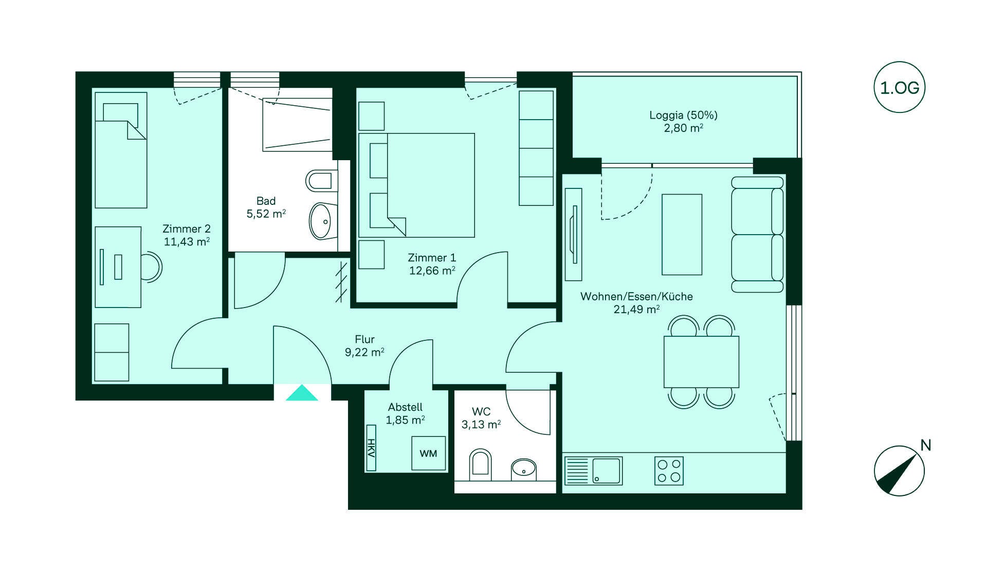 Entdecken Sie diese charmante Wohnung: Flur, offene Küche/Wohnbereich, 2 Schlafzimmer, Bad, WC, Abstellraum und gemütliche Loggia. Ideal für modernes Wohnen!