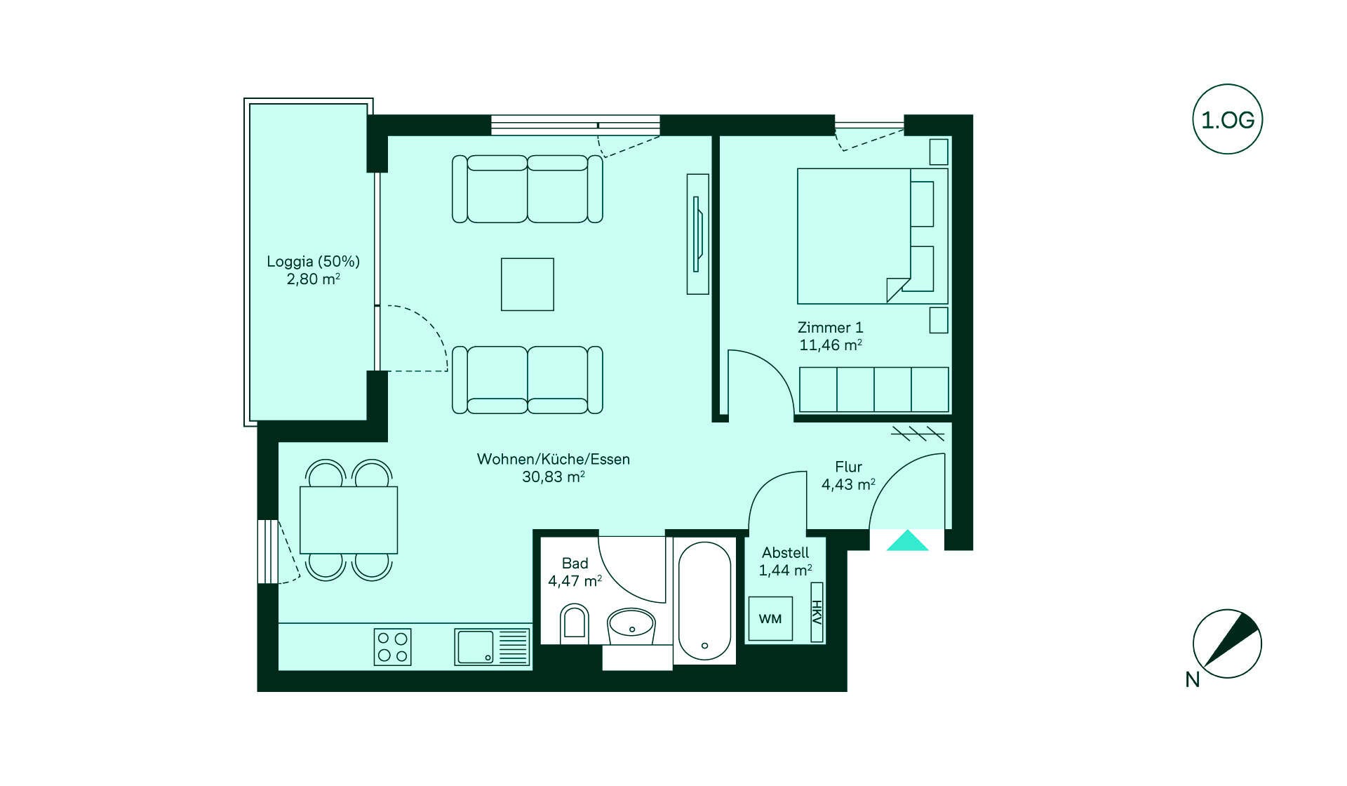 Grundriss Eigentumswohnung 061 im Haus 044 Waldpanorama Gemütliche Wohnung mit Flur, offener Wohnküche, Schlafzimmer, Bad und Loggia für entspannte Stunden.