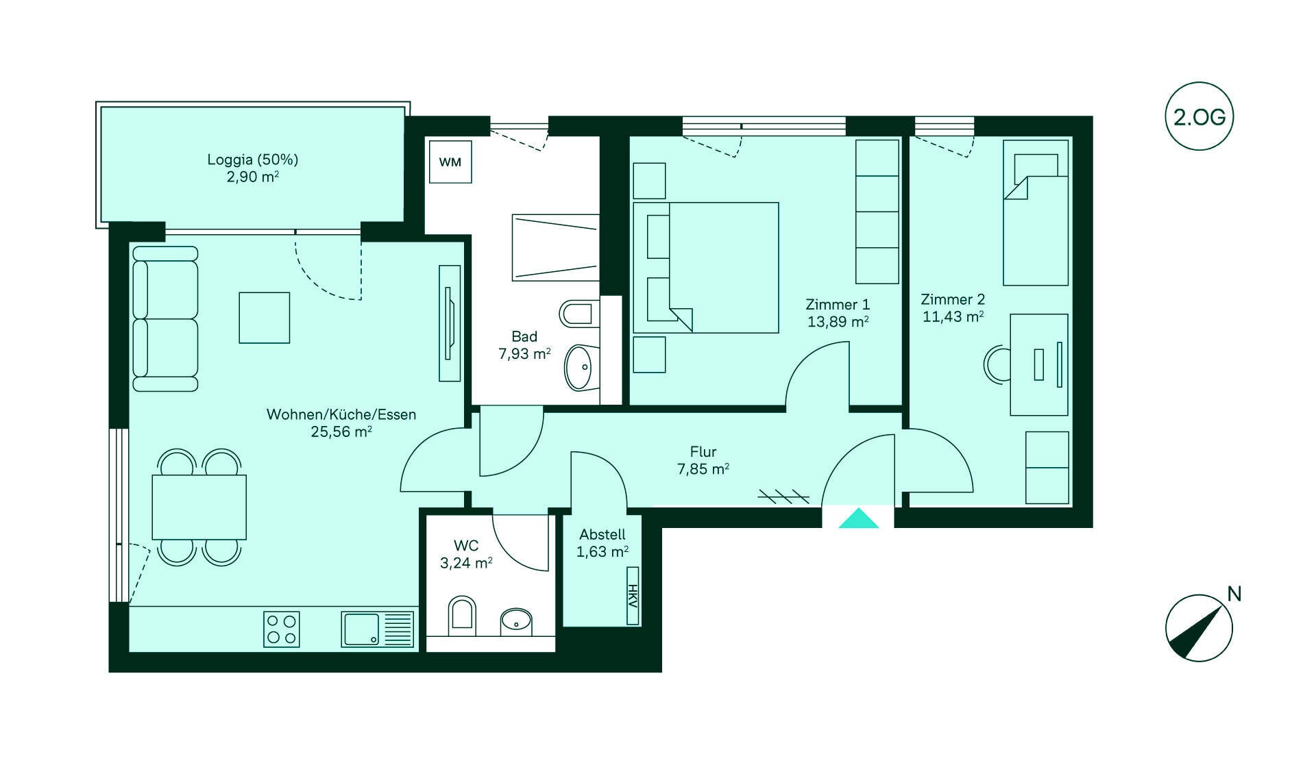 Grundriss Wohnung 064 Entdecken Sie Ihr neues Zuhause! Großzügiger Flur führt zur offenen Küche und Wohnbereich. Zwei gemütliche Schlafzimmer, modernes Bad und separates WC. Genießen Sie die Loggia für entspannte Momente.