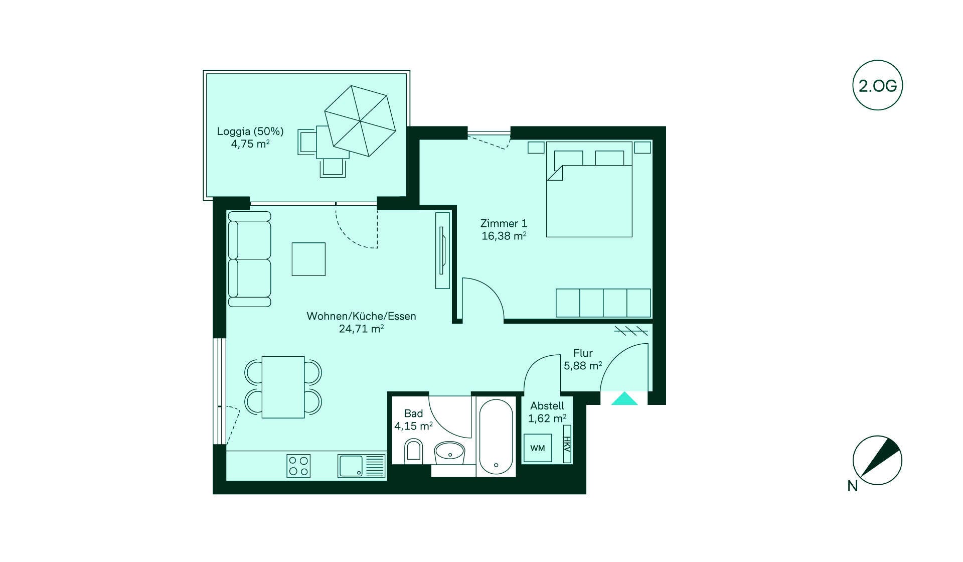 Grundriss Wohnung 066 Gemütliche Wohnung mit Flur, offener Wohnküche, Schlafzimmer, Bad und Loggia zum Entspannen.