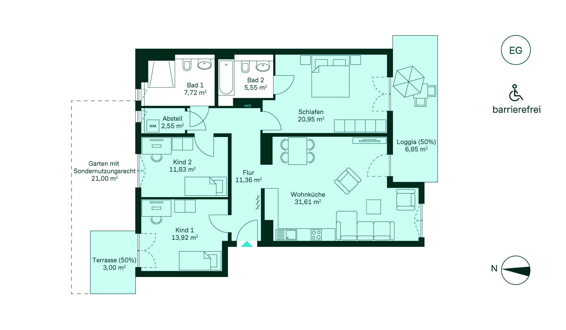 Grundriss der Eigentumswohnung 191 im Haus 11 Entdecken Sie die barrierefreie Wohnung im 4. OG: Flur, Wohnküche, 2 Schlafzimmer, Bad, Dachterrasse.