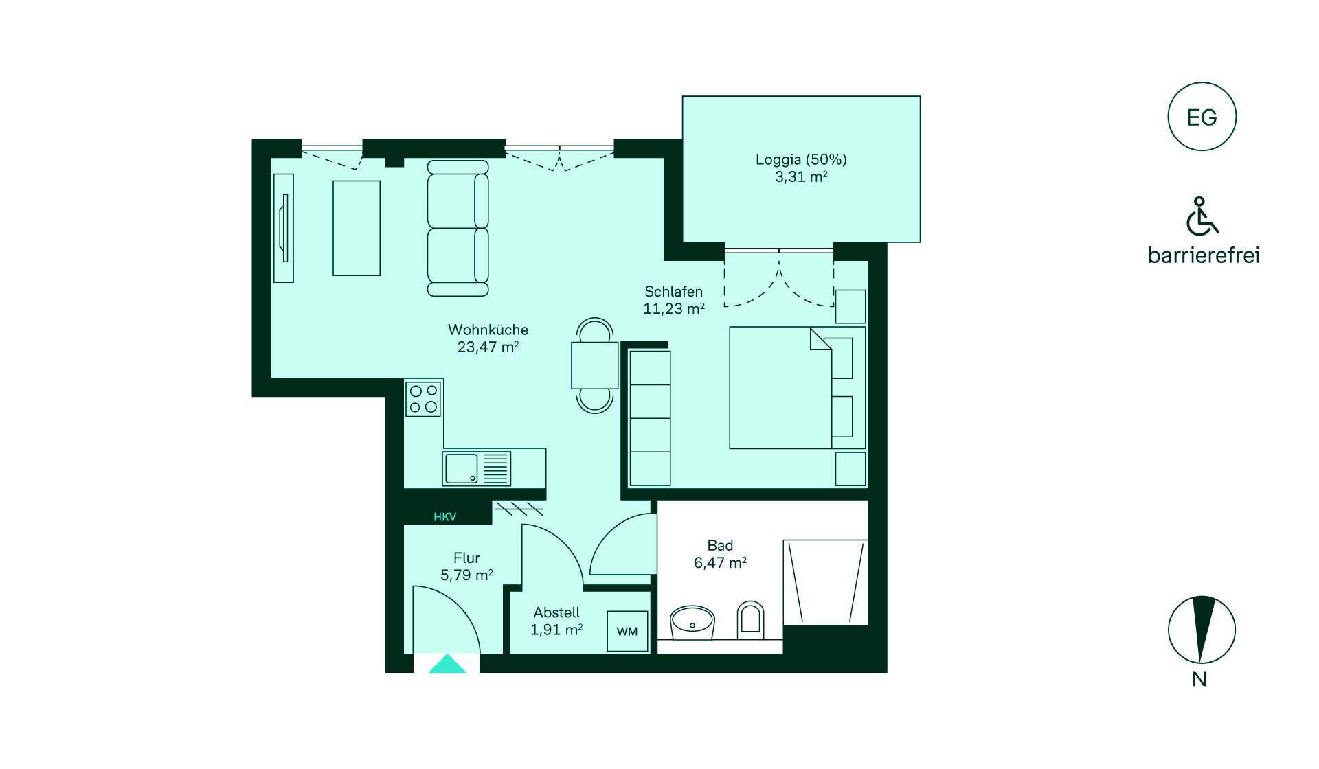 Grundriss der Eigentumswohnung 192 im Haus 11 Grundriss einer barrierefreien Wohnung: Flur, Wohnküche, Schlafzimmer, Bad, Loggia und Abstellraum.