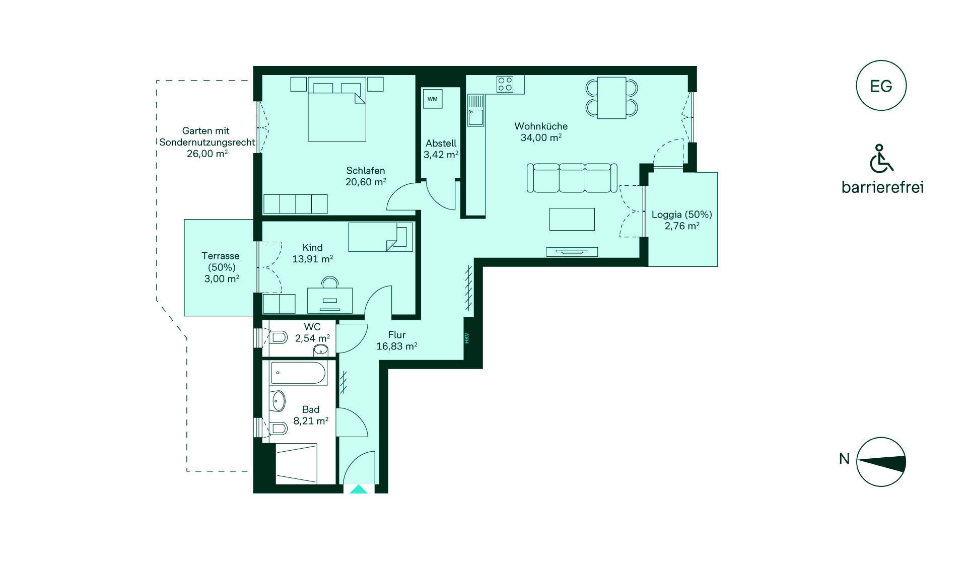 Moderne Wohnung mit Flur, Wohnküche, drei Schlafzimmern, zwei Bädern, Loggia und Terrasse.