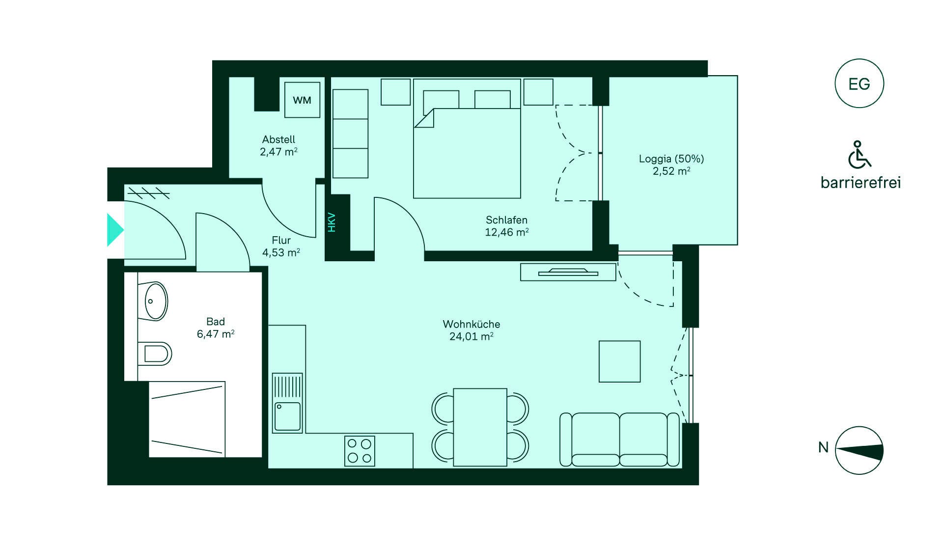 Grundriss der Eigentumswohnung 197 im Haus 11 Gemütliche Wohnung mit barrierefreiem Zugang. Flur, Wohnküche, Schlafzimmer, Bad und Balkon. Ideal für Komfort und Entspannung!