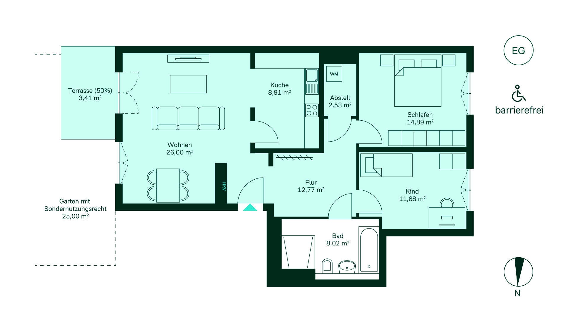 Grundriss der Eigentumswohnung 199 im Haus 11 Entdecken Sie Ihr neues Zuhause: Eingangsbereich führt zur Küche, großem Wohnzimmer, drei Schlafzimmern, Bad und Balkon. Barrierefrei für Komfort!