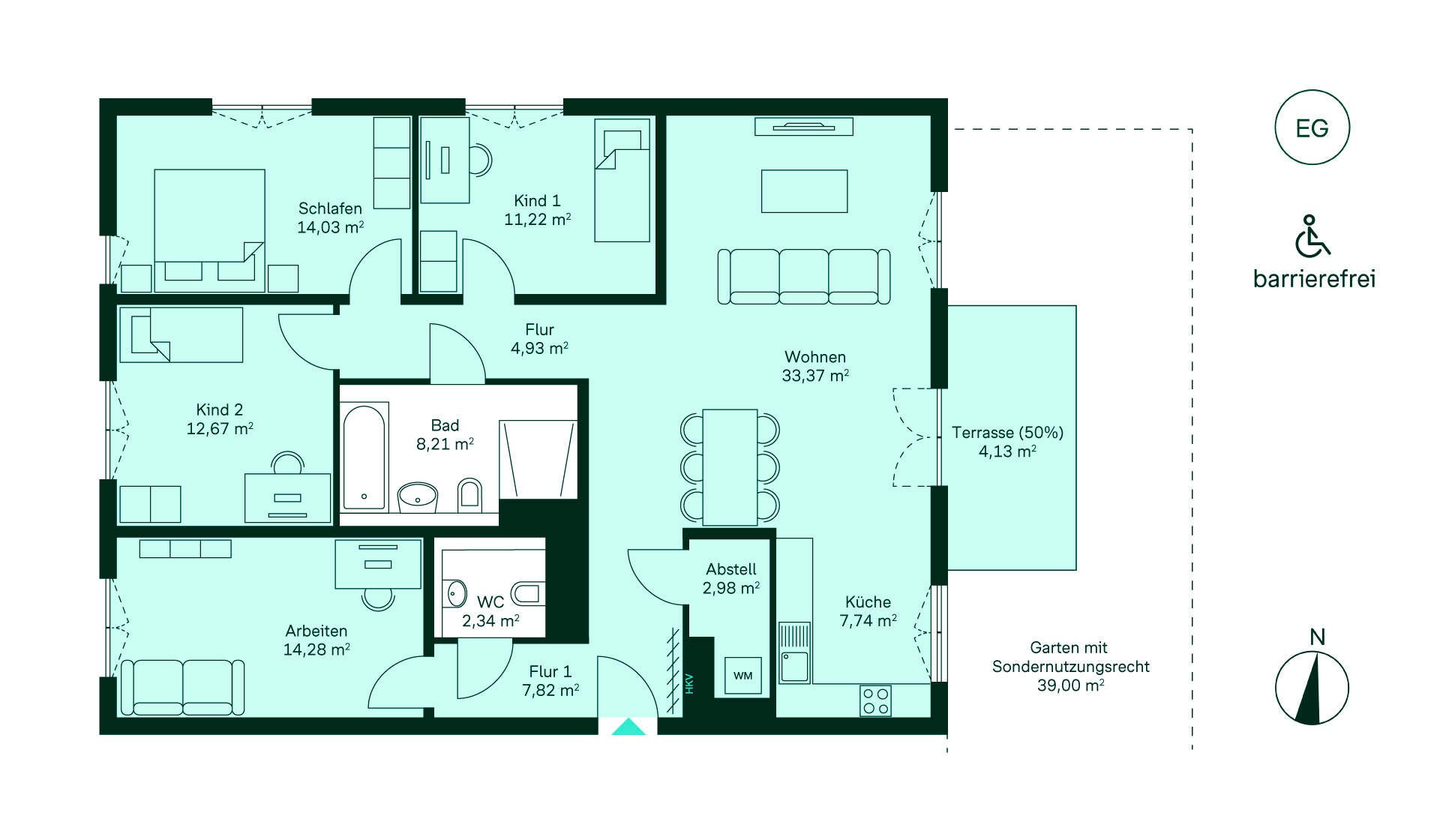 Grundriss der Eigentumswohnung 200 im Haus 11 Gemütliche Wohnung mit barrierefreiem Zugang: Flur, Wohnküche, Schlafzimmer, Bad und Balkon.