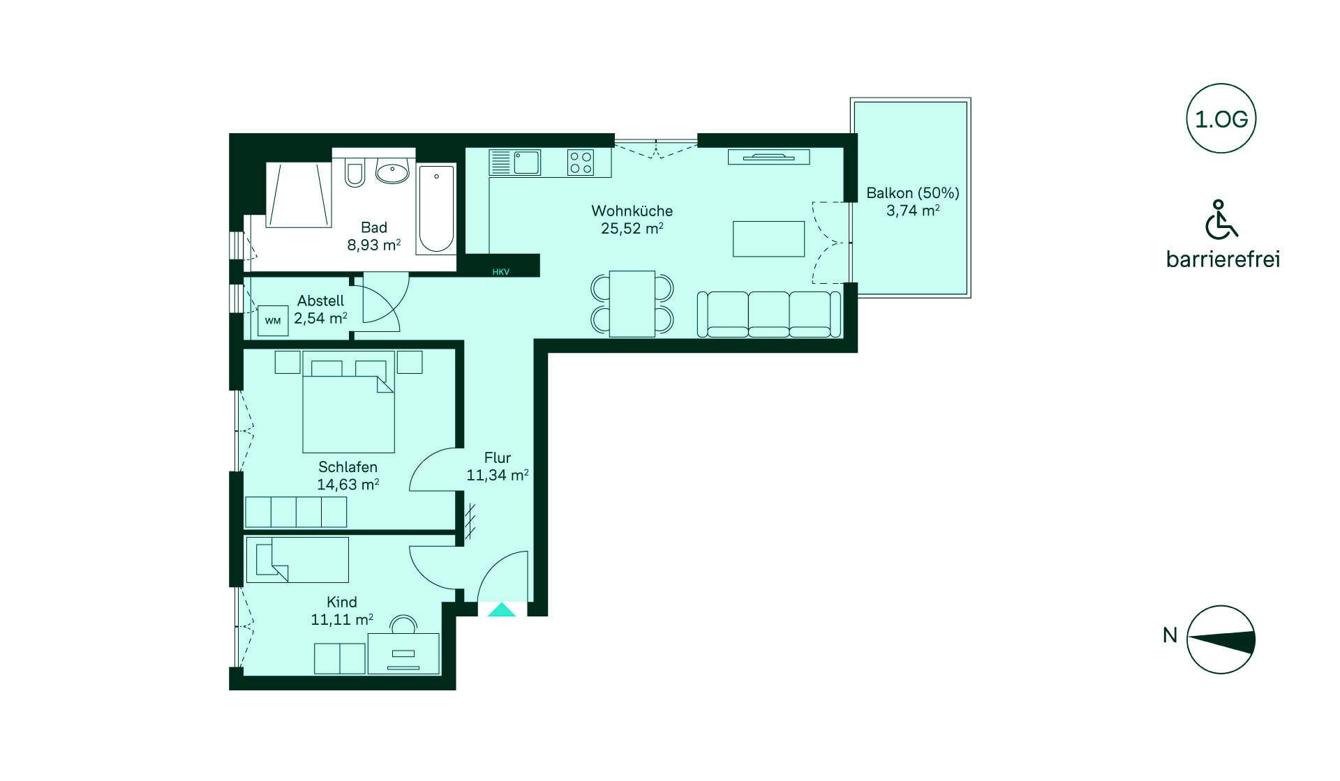 Grundriss der Eigentumswohnung 201 im Haus 11 Barrierefreie Wohnung mit Flur, Wohnküche, zwei Kinderzimmern, Schlafzimmer, Bad und Balkon.