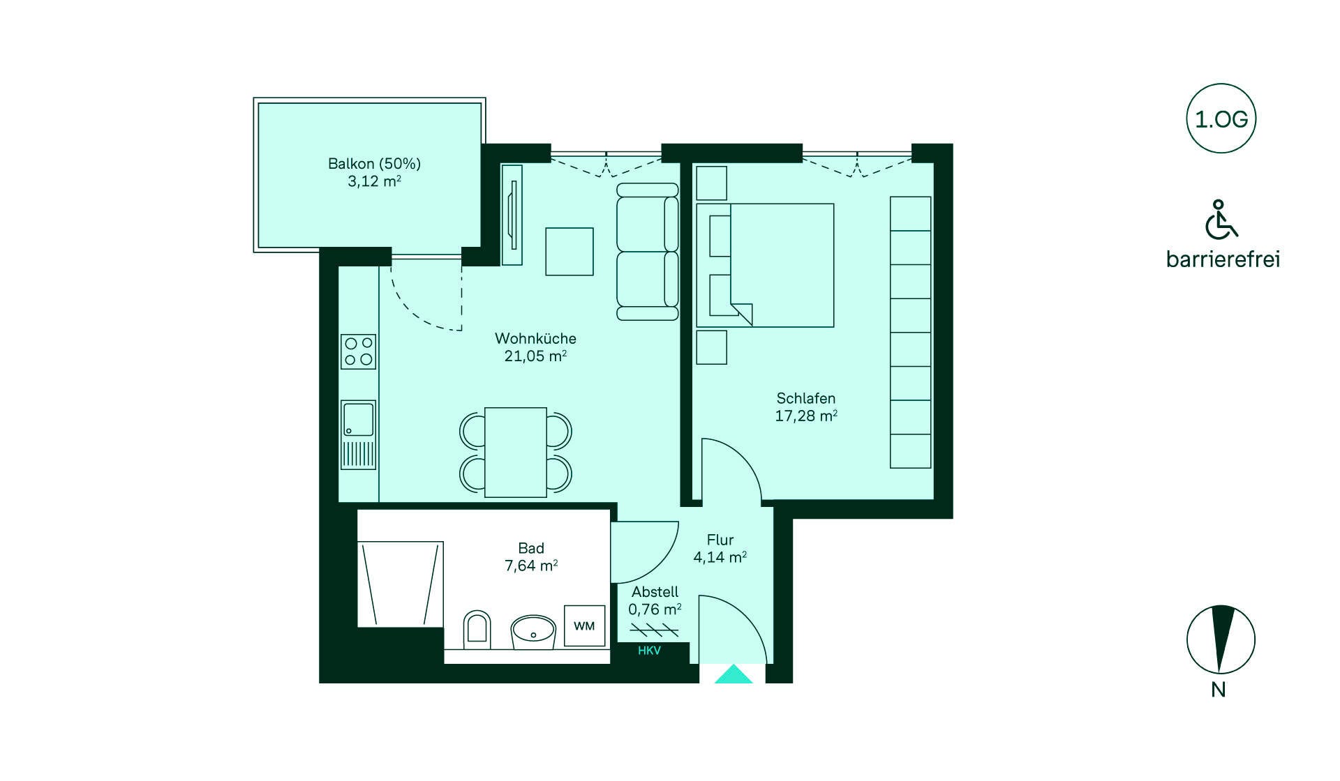 Grundriss der Eigentumswohnung 202 im Haus 11 Entdecken Sie Ihr neues Zuhause! Flur, Wohnküche, Schlafzimmer, Bad und Balkon erwarten Sie.
