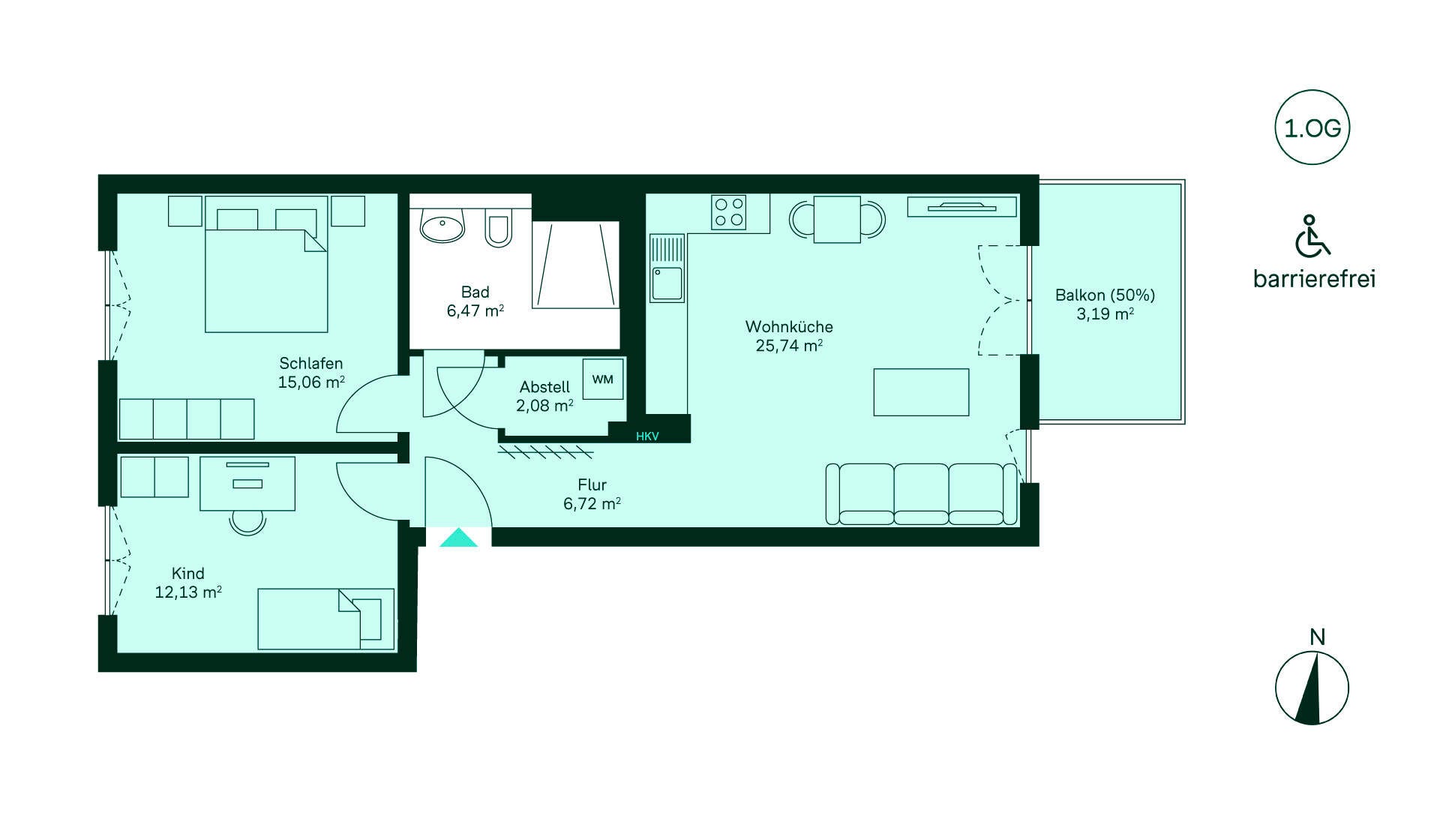 Grundriss der Eigentumswohnung 205 im Haus 11 Gemütliche Wohnung mit Flur, Küche, Wohnzimmer, zwei Schlafzimmern, Bad und Terrasse. Barrierefrei!