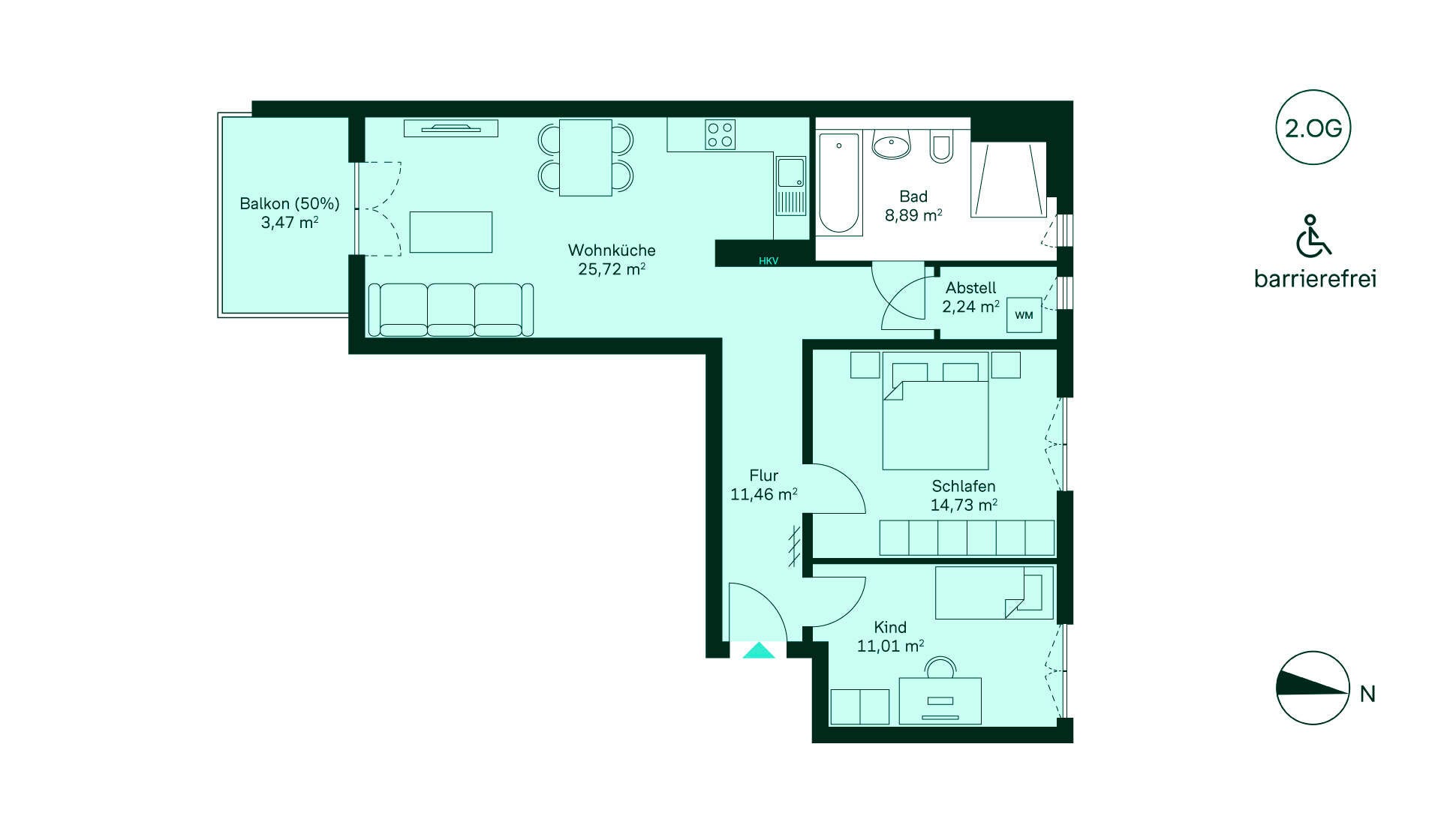 Grundriss der Eigentumswohnung 216 im Haus 11 Barrierefreie Wohnung mit geräumigem Flur, moderner Küche, gemütlichem Wohnbereich, Schlafzimmer, Bad und Balkon. Ideal für komfortables Wohnen!