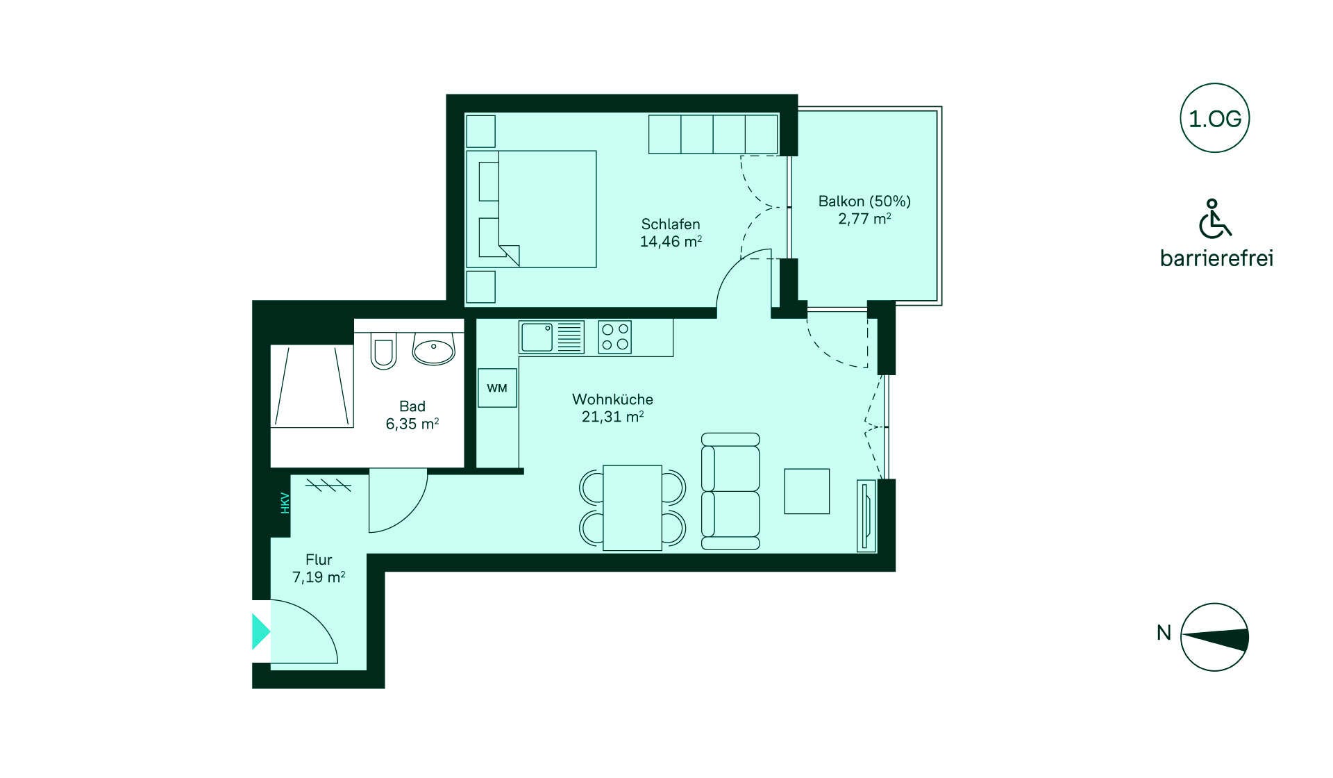 Grundriss der Eigentumswohnung 207 im Haus 11 Moderne Wohnung mit geräumigem Flur, offener Wohnküche, zwei Schlafzimmern, Bad und Balkon.