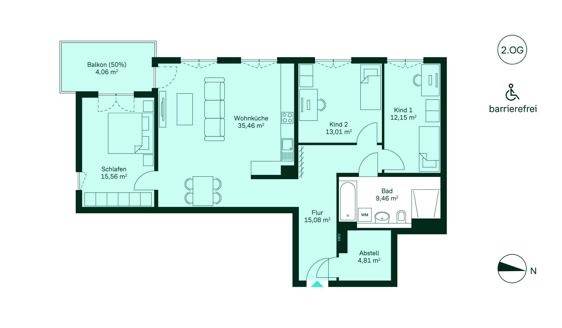 Grundriss der Eigentumswohnung 221 im Haus 11 Entdecken Sie Ihre barrierefreie Wohnung: Flur, Küche, Wohnzimmer, Schlafzimmer, Bad und Balkon.