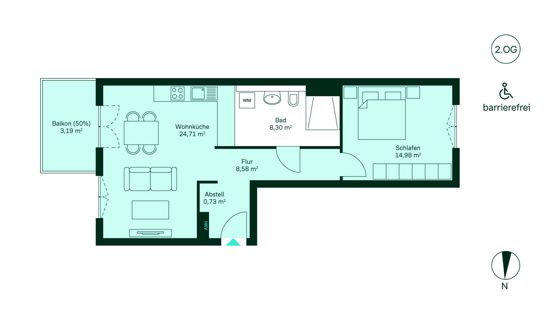 Grundriss der Eigentumswohnung 222 im Haus 11 Entdecken Sie Ihr neues Zuhause! Flur führt zur Küche, großzügigem Wohnzimmer, 3 Schlafzimmern, Bad und WC. Genießen Sie die Terrasse für entspannte Momente.