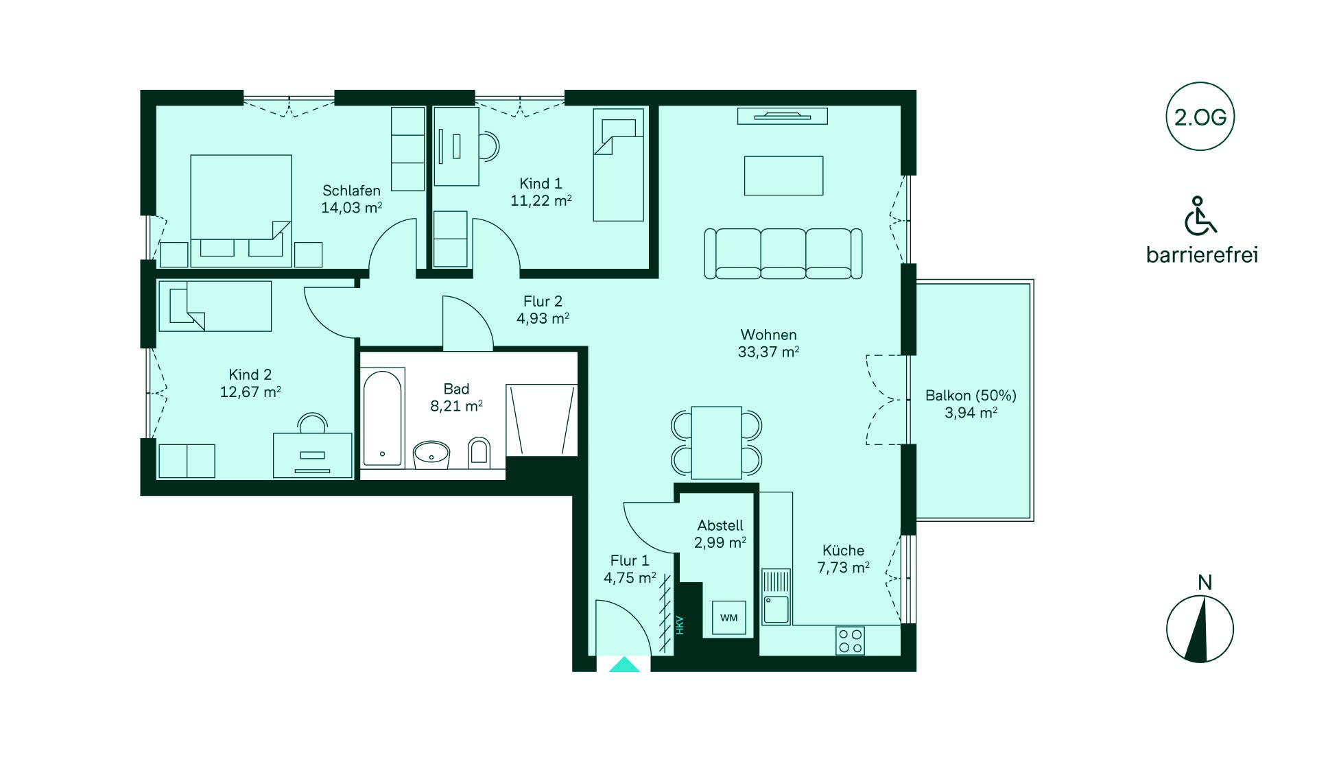 Entdecken Sie Ihr neues Zuhause: Flur, Wohnküche, zwei Kinderzimmer, Bad, Balkon und Abstellraum.