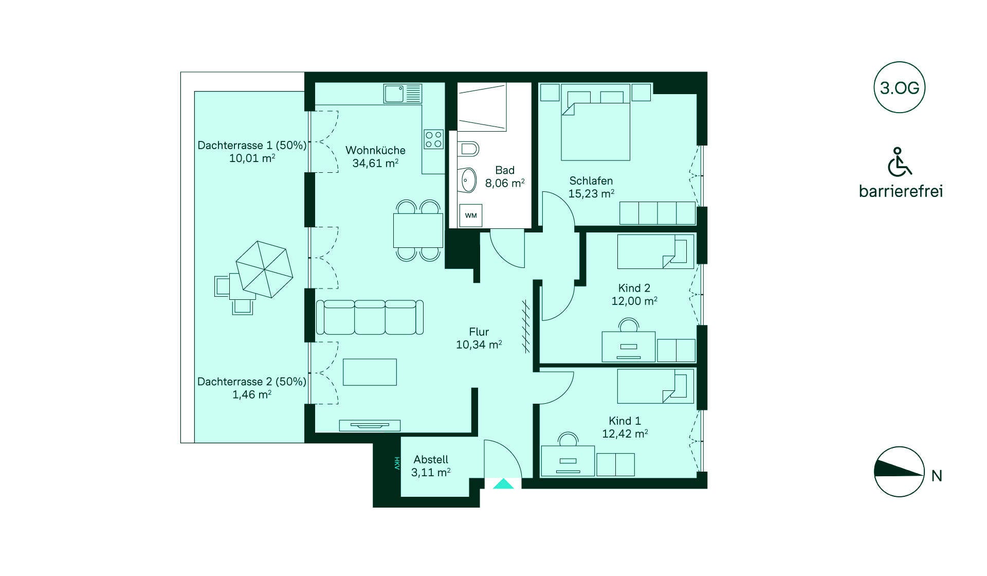 Grundriss der Eigentumswohnung 226 im Haus 11 Barrierefreie Wohnung mit geräumigem Wohnbereich, Küche, drei Schlafzimmern, Bad und Balkon.