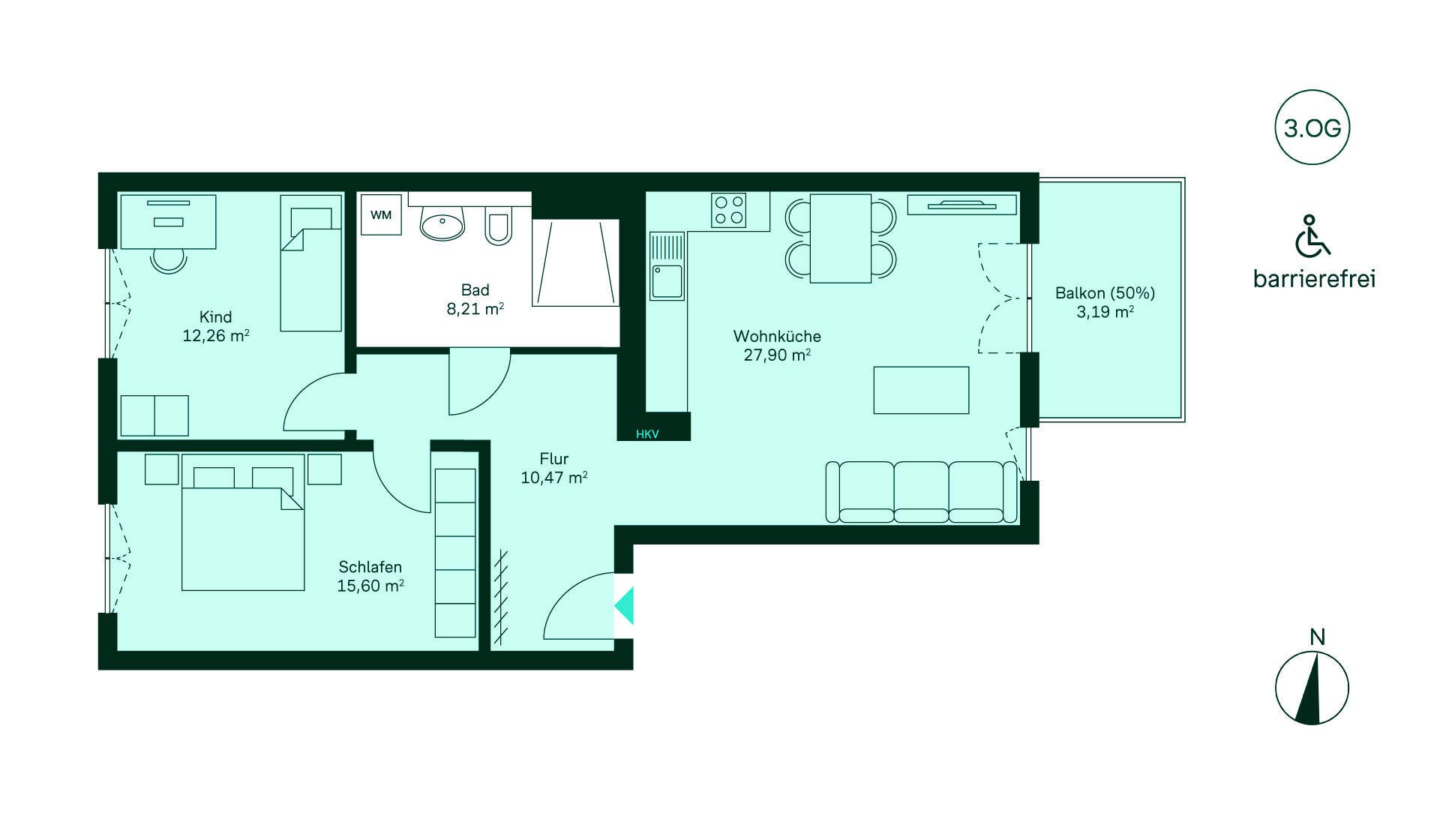 Grundriss der Eigentumswohnung 227 im Haus 11 Grundriss einer barrierefreien Wohnung: Flur, Wohnküche, Schlafzimmer, Bad, Terrasse, Abstellraum.