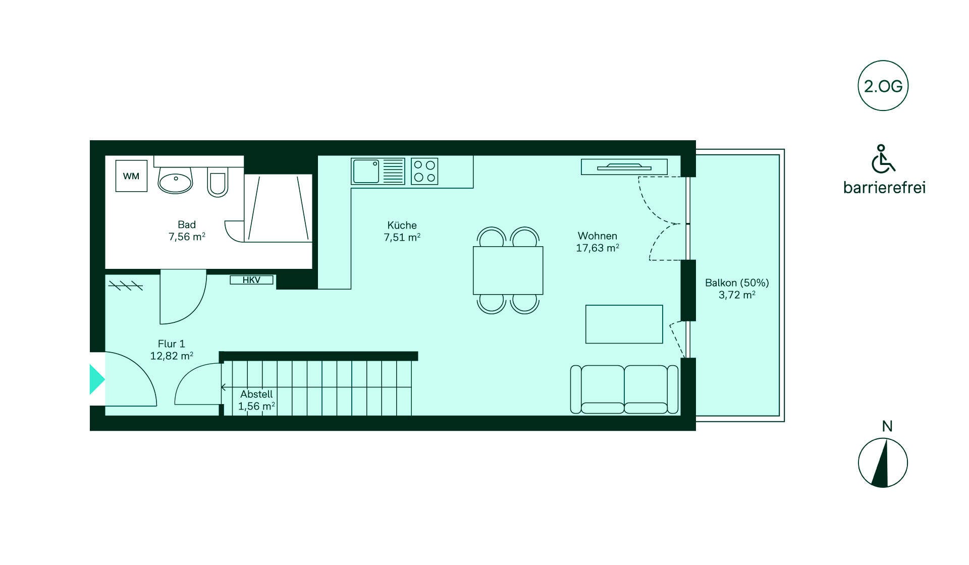 Grundriss Untergeschoss der Wohnung 142 Barrierefreie Wohnung mit geräumigem Flur, moderner Küche, gemütlichem Wohnbereich und Balkon.