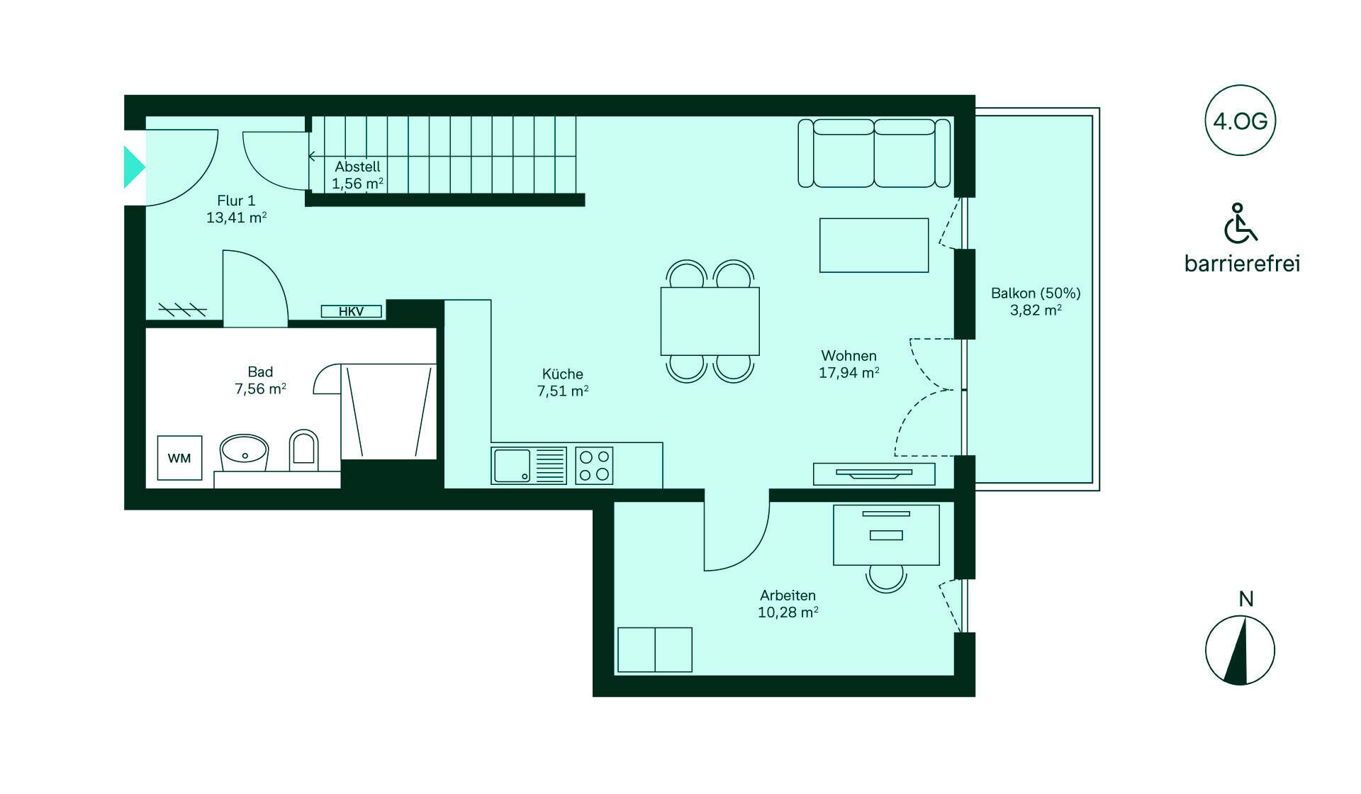 Grundriss Untergeschoss Wohnung 149 Heller Grundriss mit geräumigem Flur, moderner Küche, Wohnbereich, Arbeitszimmer, Bad und Balkon.