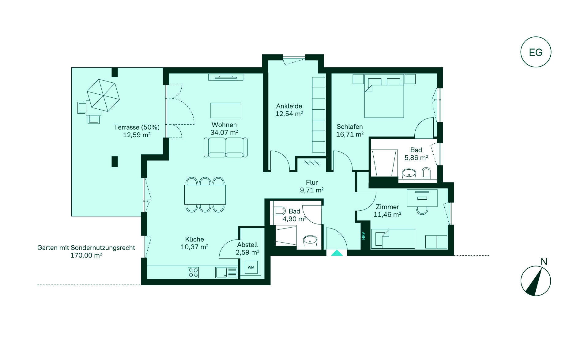 Grundriss einer gemütlichen Wohnung: Flur, Küche, Wohnzimmer, Schlafzimmer, Bäder, Terrasse, Garten.