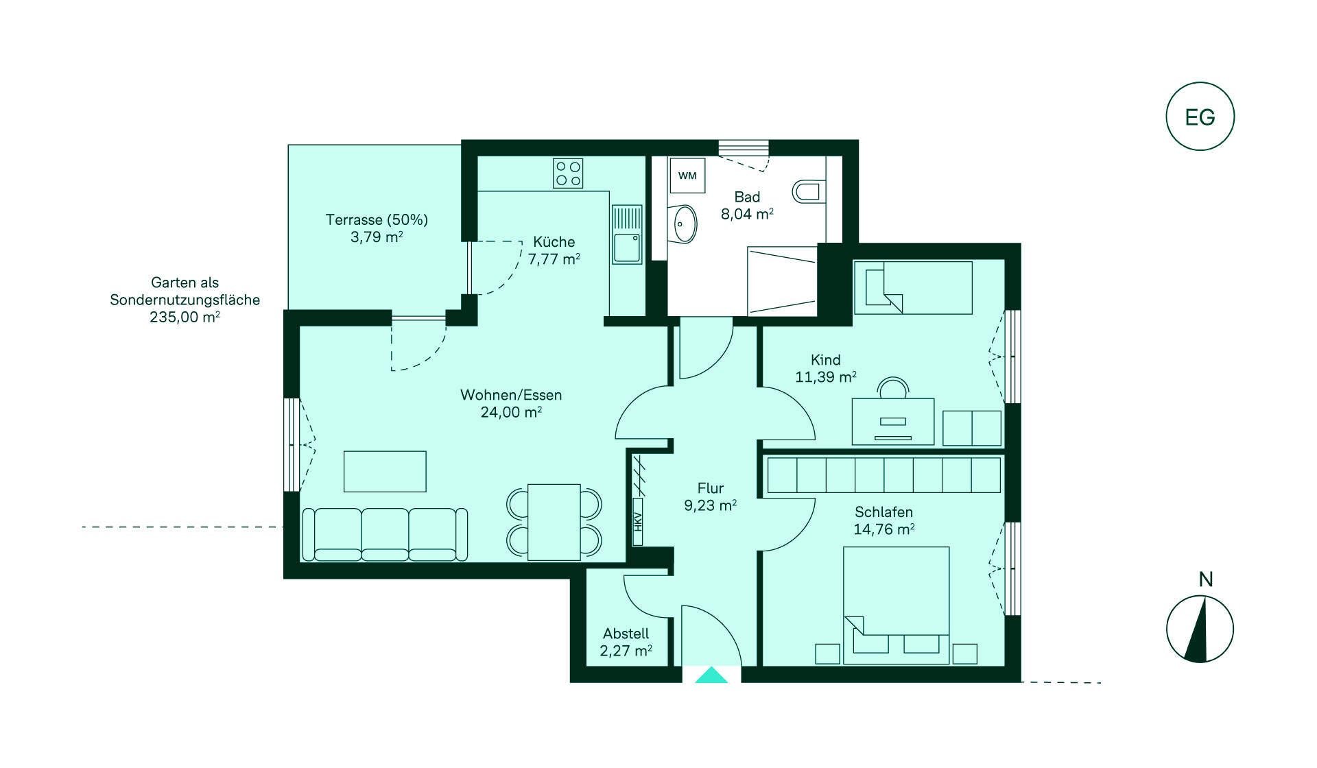 Gemütliche Wohnung mit Flur, offener Küche, Wohnbereich, zwei Schlafzimmern, Bad und Terrasse. Perfekt für Familien mit eigenem Garten zur Sondernutzung.