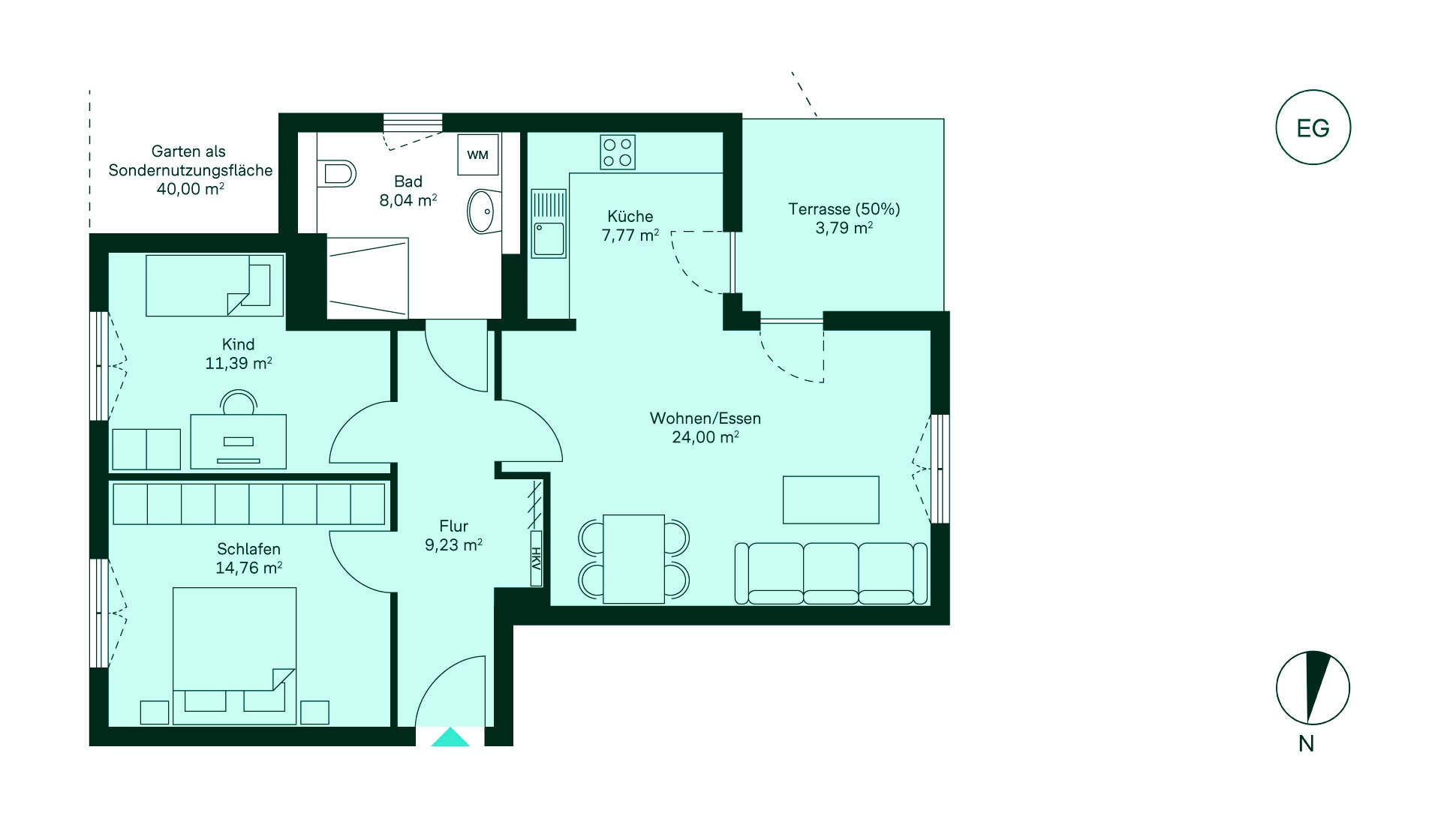 Gemütliche Wohnung mit Flur, Küche, Wohn-Essbereich, zwei Schlafzimmern, Bad, Terrasse und Garten.