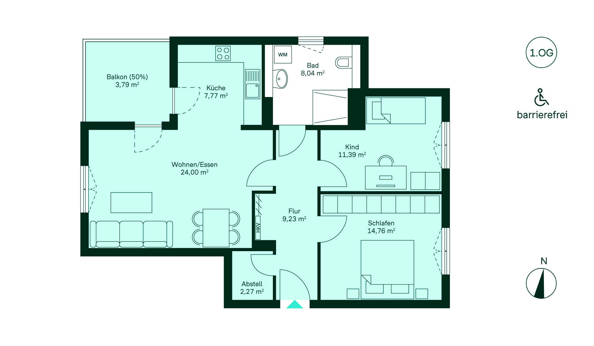 Grundriss Wohnung 021 im Haus 3 Koppelhain Entdecken Sie Ihr neues Zuhause: Flur führt zur modernen Küche, geräumigem Wohnbereich, zwei Schlafzimmern und einem Bad. Genießen Sie die Ruhe auf dem Balkon!