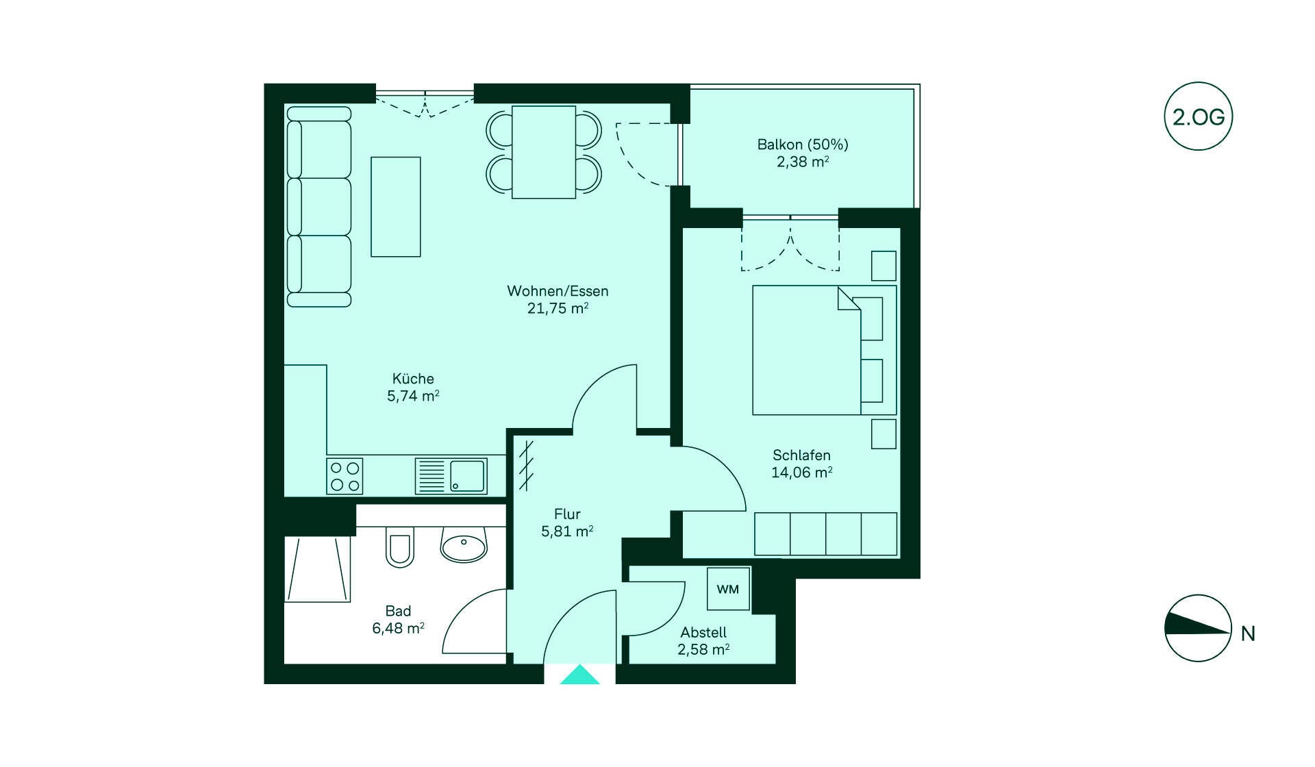 Grundriss Wohnung 023 im Haus 3 Koppelhain Gemütliche Wohnung mit Flur, offener Küche, geräumigem Wohnbereich, Schlafzimmer, Bad und Balkon.