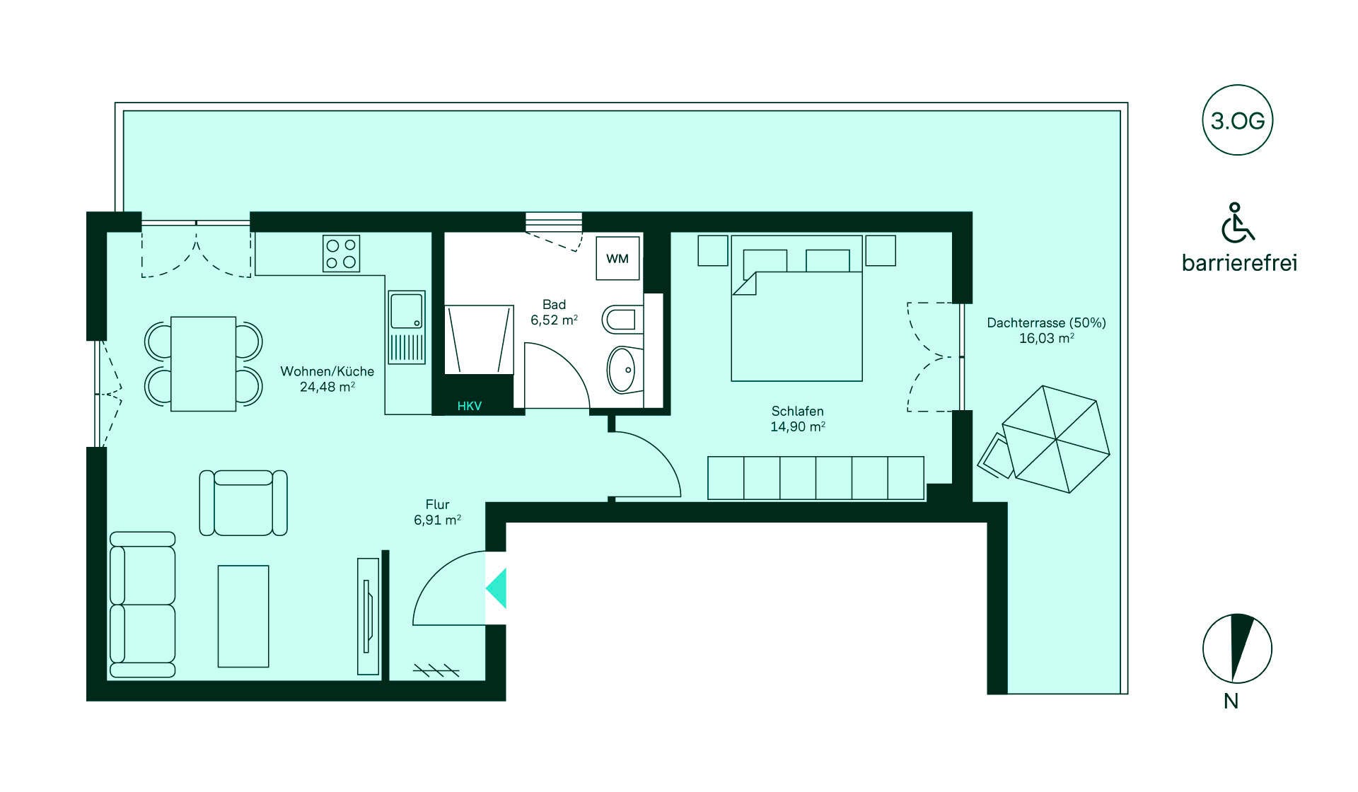 Grundriss Eigentumswohnung 010 Gartenstadt Karlshorst Gemütliche Wohnung im 3. OG: Flur, offene Wohnküche, Schlafzimmer, Bad und großzügige Dachterrasse.