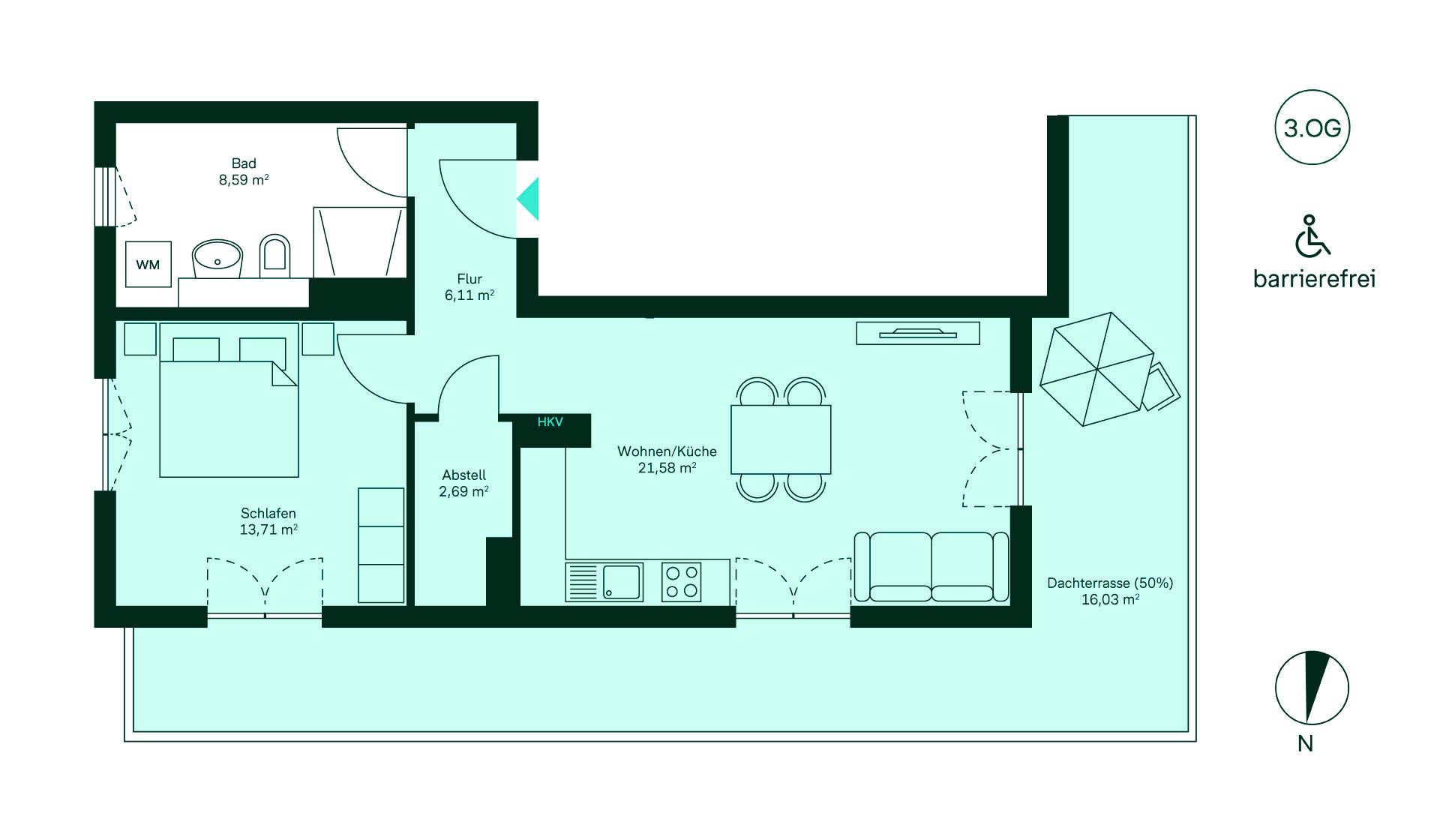 Grundriss Eigentumswohnung 009 Gartenstadt Karlshorst Barrierefreie Wohnung im 3. OG: Flur, offene Wohnküche, Schlafzimmer, Bad, Abstellraum, Dachterrasse.