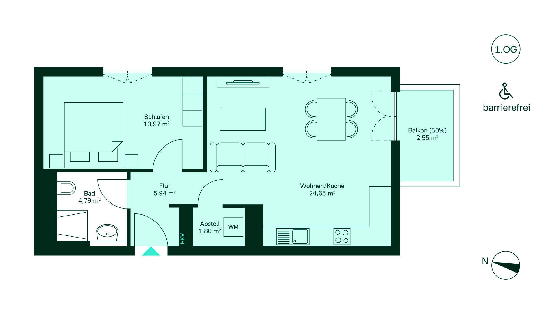 Grundriss Eigentumswohnung 034 Gartenstadt Karlshorst Entdecken Sie die barrierefreie Wohnung: Flur, offene Wohnküche, Schlafzimmer, Bad und Balkon.