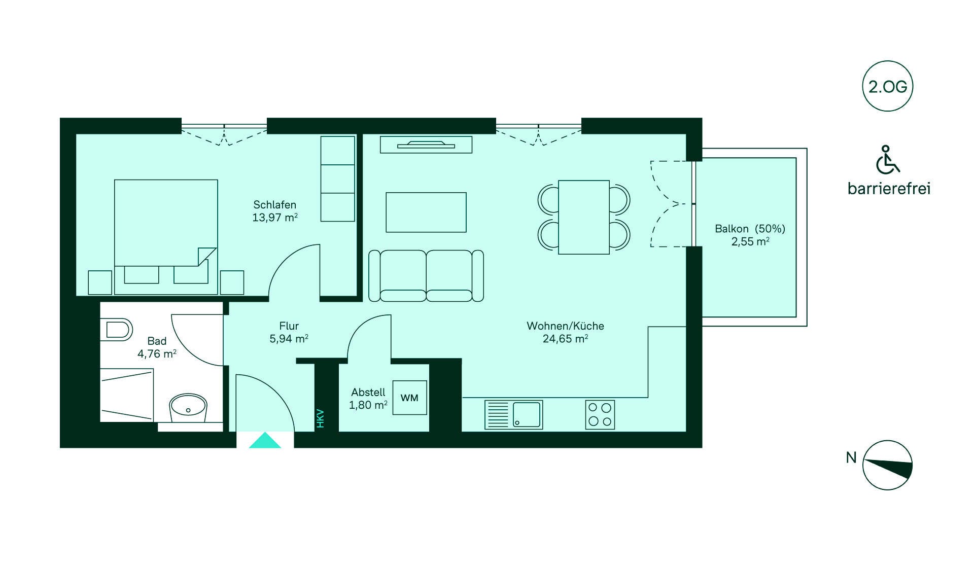 Einladender Grundriss: Flur führt zur offenen Küche und Wohnzimmer, Schlafzimmer, Bad und Balkon.