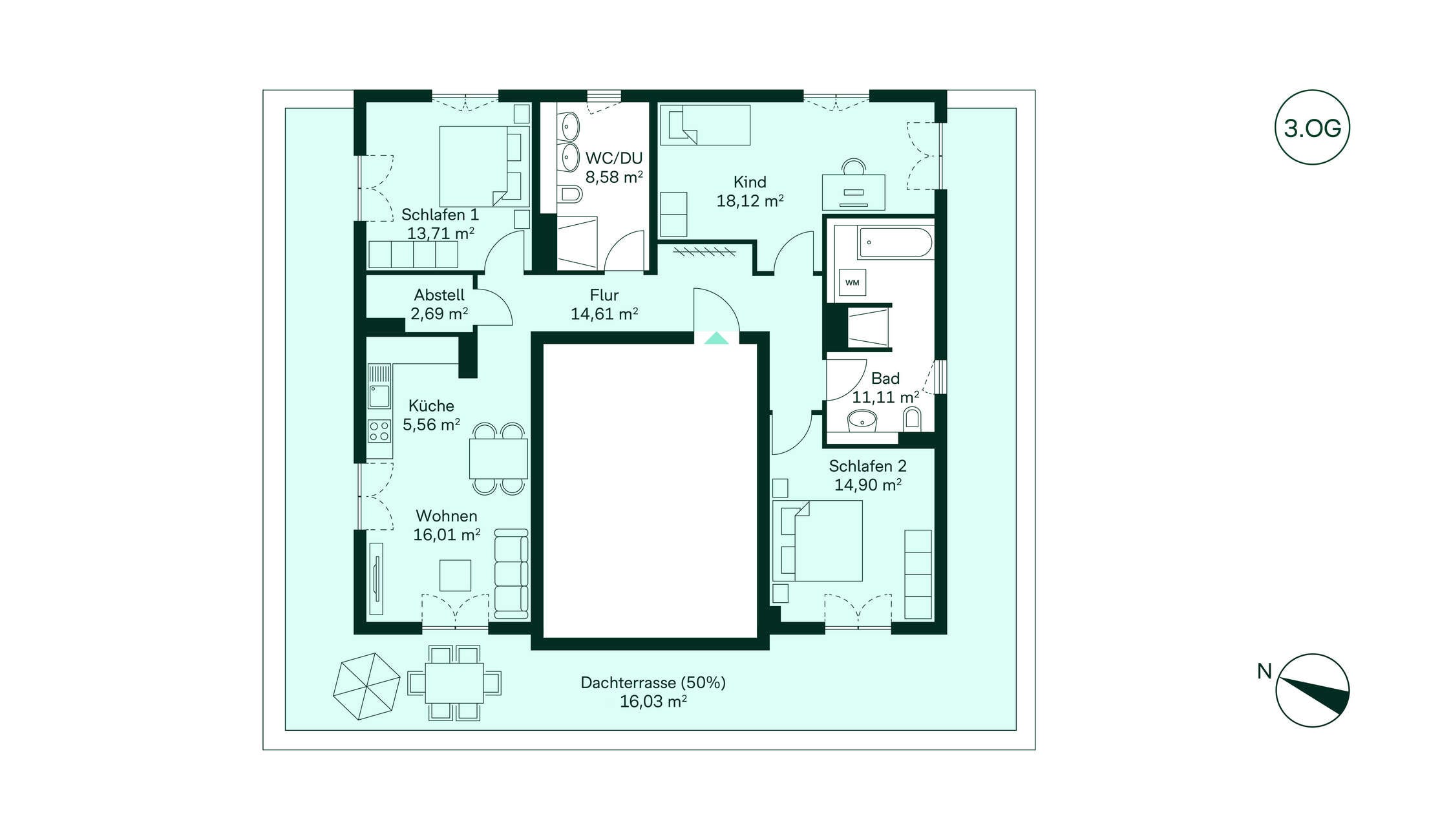 Grundriss Eigentumswohnung 019 Gartenstadt Karlshorst Entdecken Sie eine großzügige Wohnung mit Flur, Küche, Wohnzimmer, 3 Schlafzimmern, 2 Bädern und Dachterrasse. Perfekt für Familien!