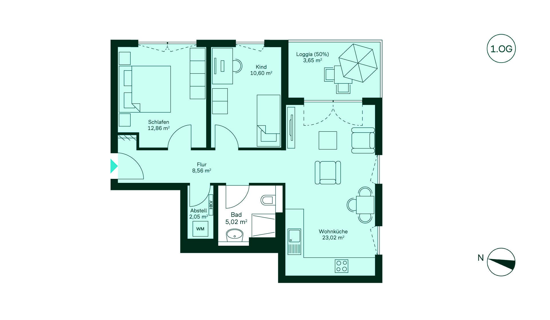 Grundriss Eigentumswohnung 036 Amberblick Gemütliche Wohnung mit Flur, offener Wohnküche, zwei Schlafzimmern, Bad und Loggia zum Entspannen.