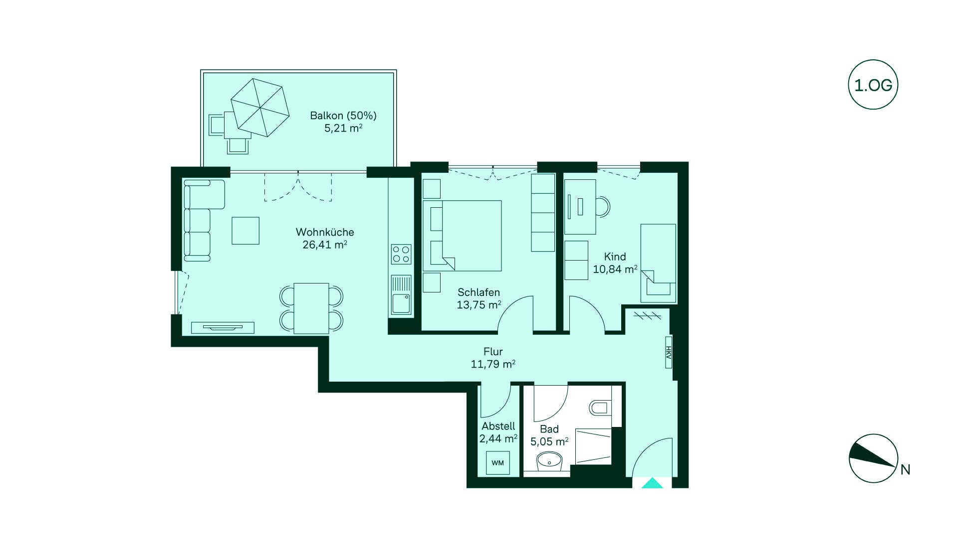 Grundriss Eigentumswohnung 037 Amberblick Gemütliche Wohnung mit Flur, Wohnküche, zwei Schlafzimmern, Bad, Abstellraum und Balkon. Perfekt für Familien!