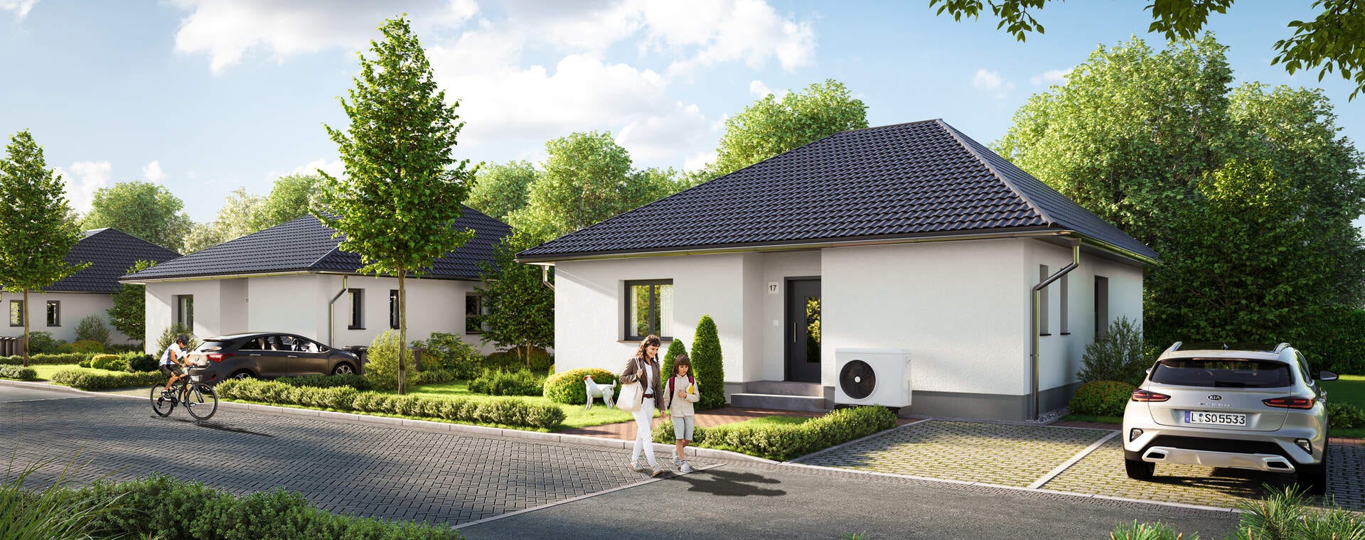 Visualisierung - Modernes Einfamilienhaus mit gepflegtem Garten, ideal für Familien. Ruhige Nachbarschaft, grün und einladend.