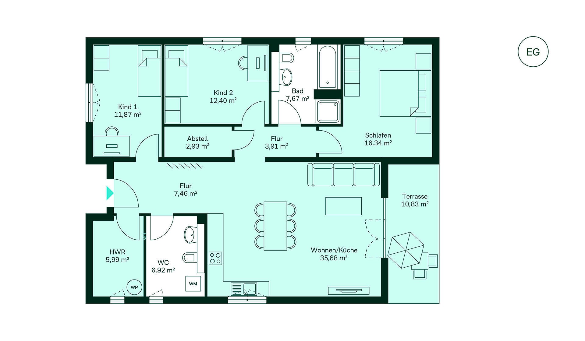 Grundriss Erdgeschoss des Bungalows im Tresenwaldbogen Entdecken Sie Ihr neues Zuhause: Flur, offene Wohnküche, 3 Schlafzimmer, Bad, WC, Terrasse.