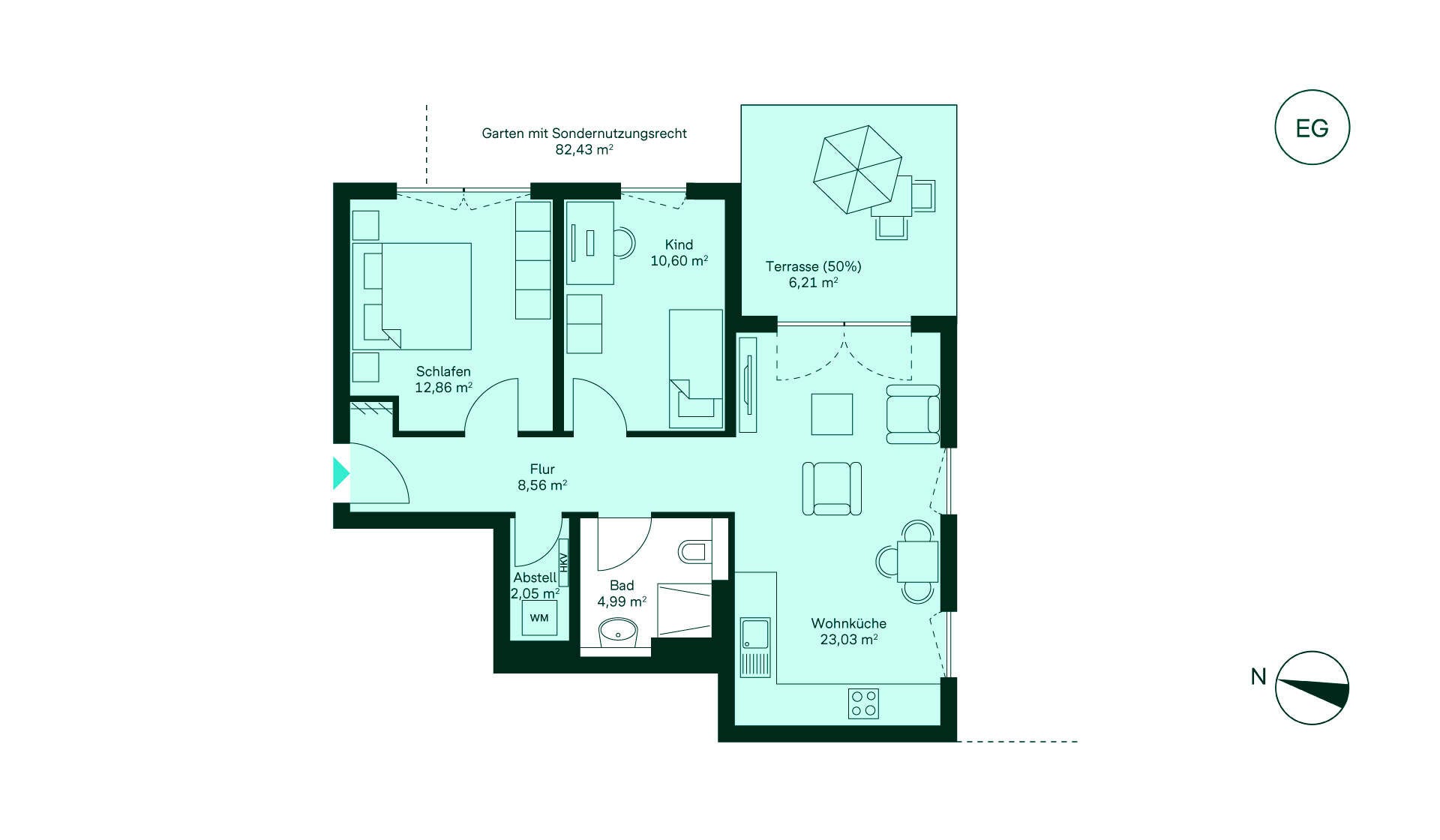 Grundriss Erdgeschosswohnung 032 Amberblick Grundriss: Heller Flur, Wohnküche, gemütliches Wohnzimmer, zwei Schlafzimmer, Bad, Terrasse, Garten.