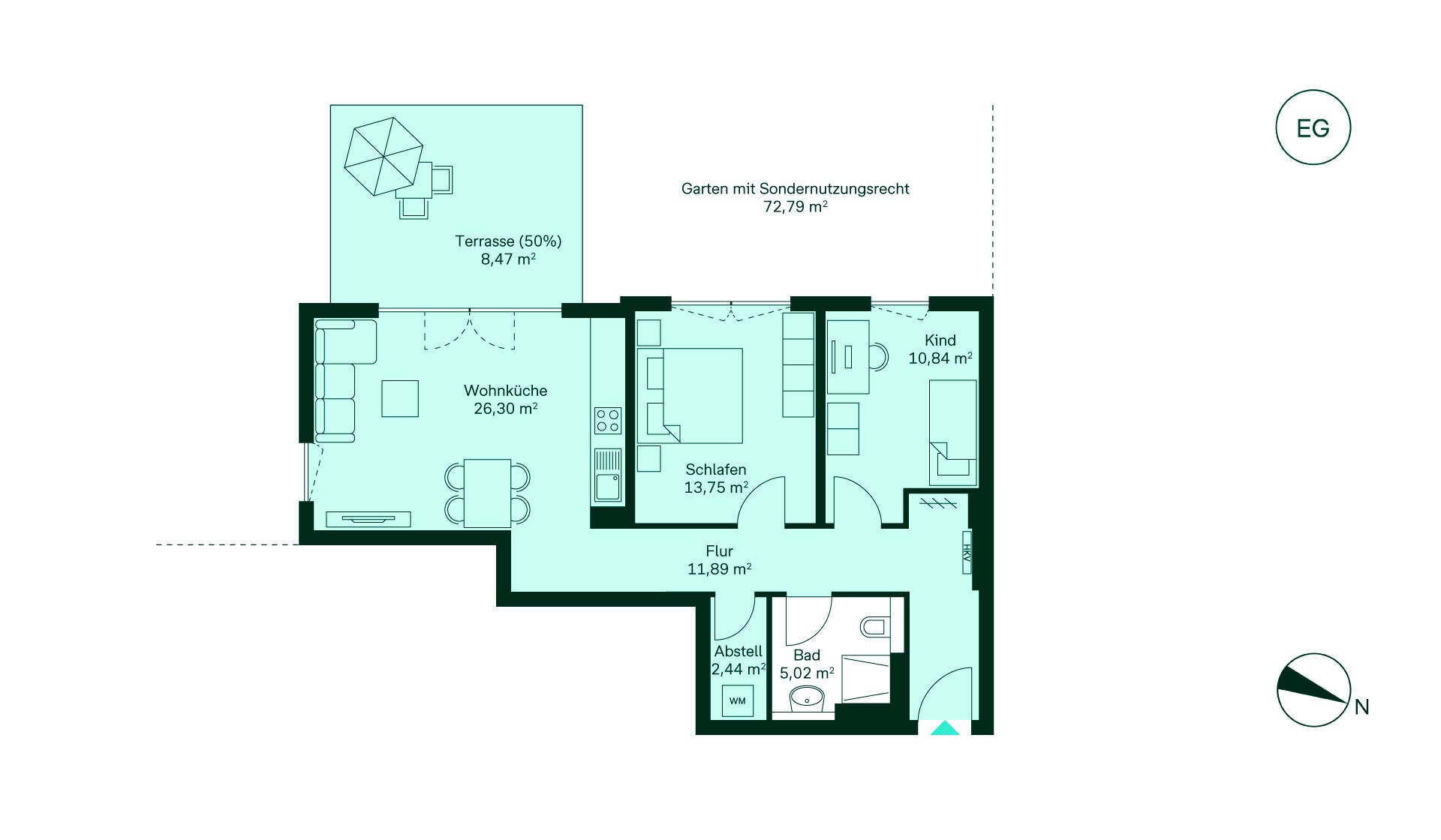 Grundriss Erdgeschosswohnung 033 Amberblick Grundriss einer charmanten Wohnung: Flur, Wohnküche, Schlafzimmer, Kinderzimmer, Bad, Terrasse, Garten.