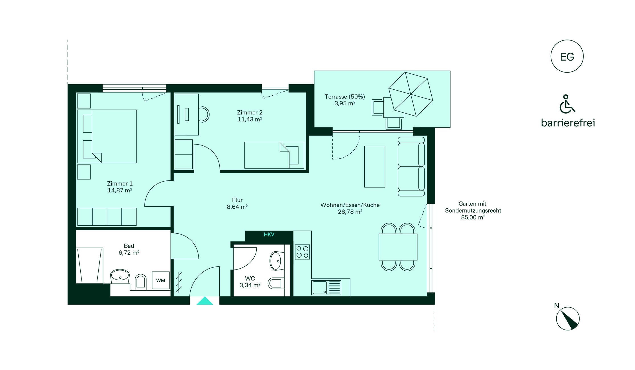 Barrierefreie Wohnung im EG: Flur, offene Küche/Wohnbereich, 2 Zimmer, Bad, WC, Terrasse, Garten.
