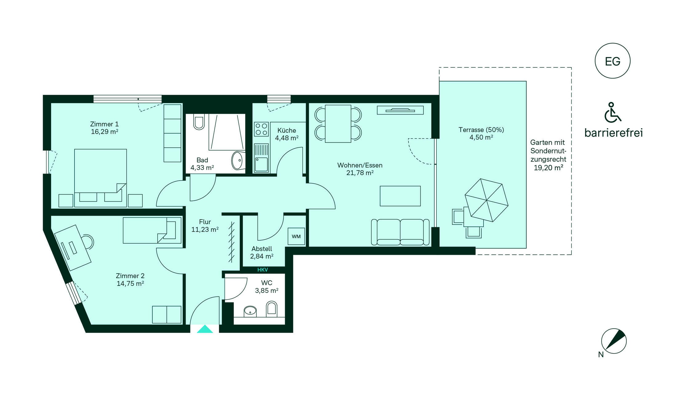 Barrierefreier Grundriss mit großzügigem Wohnbereich, zwei Schlafzimmern, Küche und Terrasse. Ideal für Komfortliebhaber!