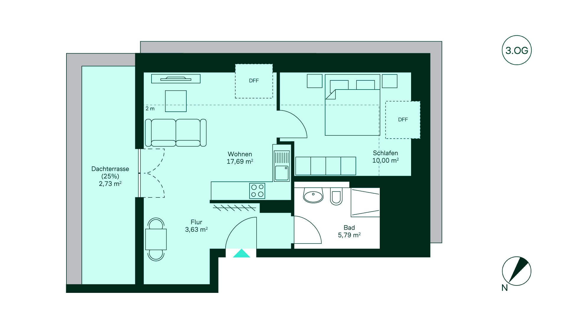 Entdecken Sie unser gemütliches Apartment im 3. OG mit Flur, Küche, Wohnzimmer, Schlafzimmer und Bad. Genießen Sie die Dachterrasse!