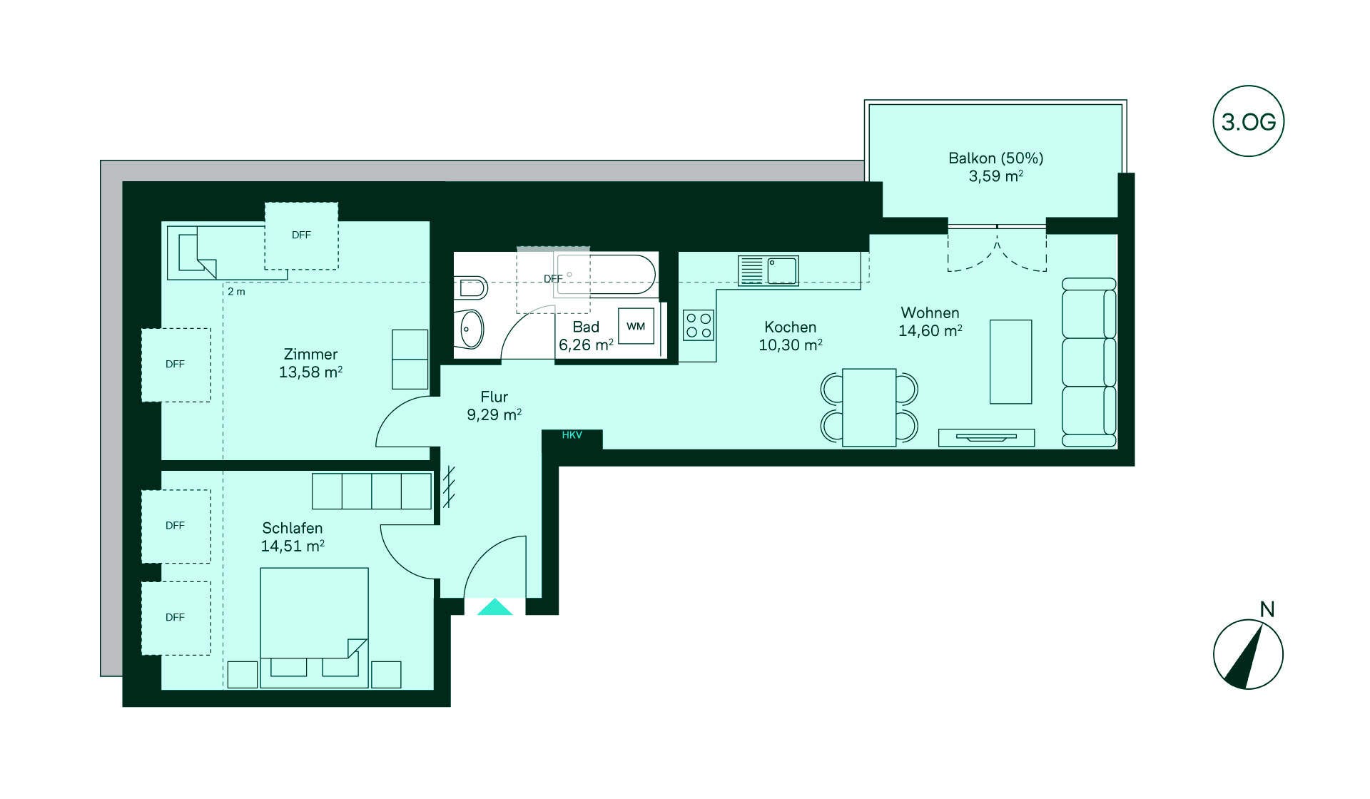 Grundriss Eigentumswohnung 063 Gartenstadt Karlshorst Entdecken Sie diese charmante Wohnung: Flur, offene Küche, Wohnzimmer, zwei Zimmer, Bad und Balkon.