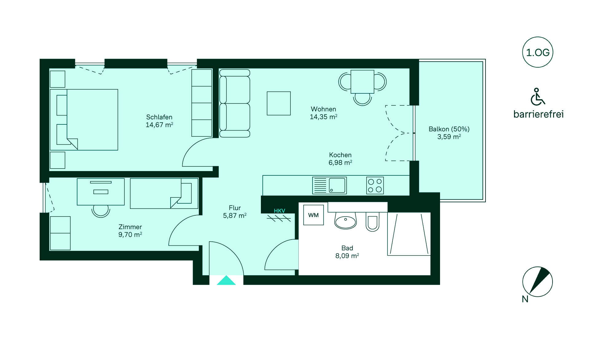 Grundriss Eigentumswohnung 058 Gartenstadt Karlshorst Entdecken Sie den barrierefreien Grundriss: Flur, Küche, Wohnzimmer, Schlafzimmer, Bad, Balkon.