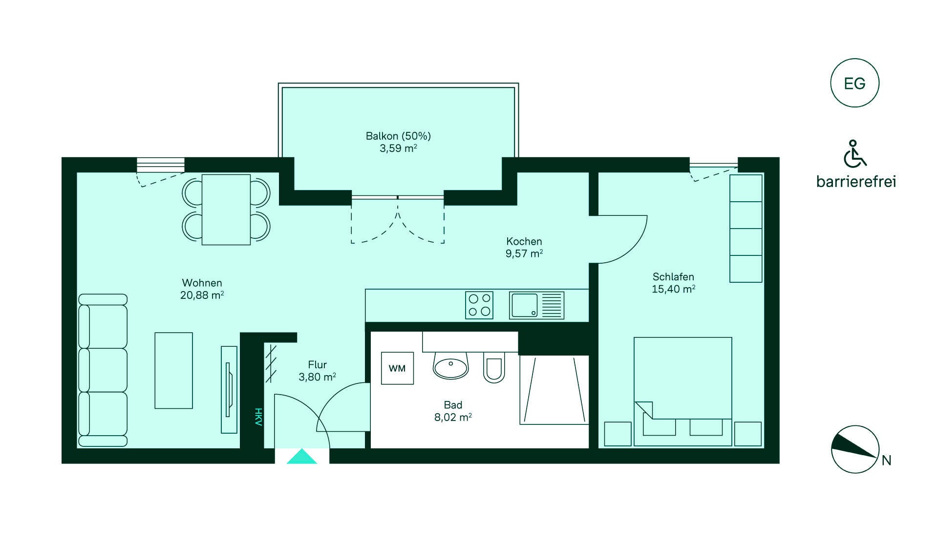 Grundriss einer barrierefreien Wohnung im EG. Flur führt zur Küche, Wohnzimmer, Schlafzimmer, Bad und Balkon. Gemütlich und funktional!