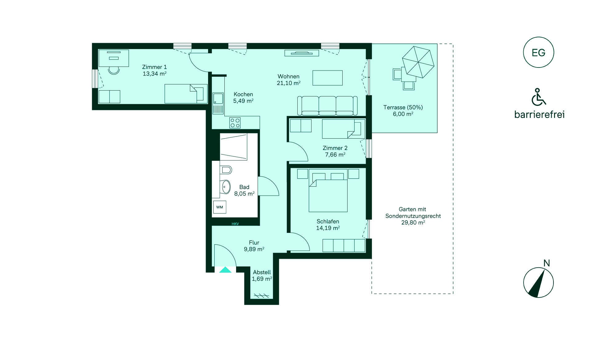 Barrierefreie Wohnung mit Flur, Küche, Wohnzimmer, 2 Schlafzimmern, Bad, Terrasse und Garten.