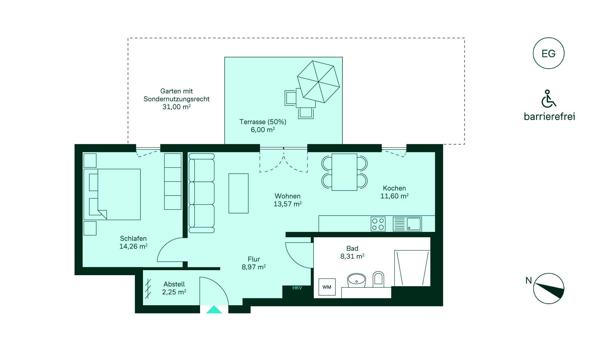 Ein barrierefreies Zuhause mit Garten. Flur führt zu Küche, Wohnzimmer, Schlafzimmer, Bad und Terrasse.