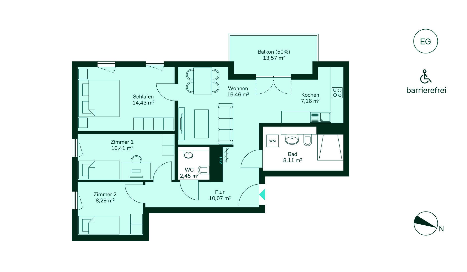 Entdecken Sie den barrierefreien Grundriss: Flur, Küche, Wohnzimmer, Schlafzimmer, Bad, Balkon.